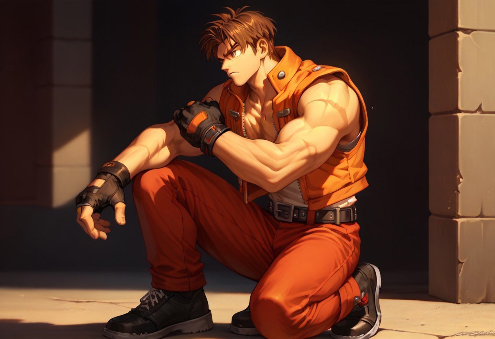 male, score_9, score_8_up, score_7_up BREAKyugobr, 1boy, brown hair, brown eyes, scar on face, open sleeveless orange jacket, scratched chest, black fingerless gloves, muscular, black belt, silver buckle, red jeans, black shoes, solo, solo focus,