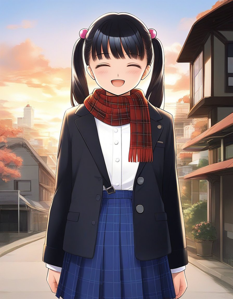 score_9, score_8_up, score_7_up, source_anime, rating_explicit, BREAK  <lora:Tsutsumi_Kinuka_Ver2.0_XL:1>  sutsumiKinuka, 1girl, skirt, solo, closed eyes, smile, twintails, outdoors, black hair, shirt, hair ornament, scarf, cloud, hair bobbles, open mouth, sky, white shirt, building, long sleeves, jacket, blue skirt, bangs, blush, pleated skirt, suspenders, flower, cowboy shot, facing viewer, buttons, :d, plaid, suspender skirt, cloudy sky, standing, red flower, black jacket, plaid scarf, house, open clothes, ^_^, long hair, open jacket, 