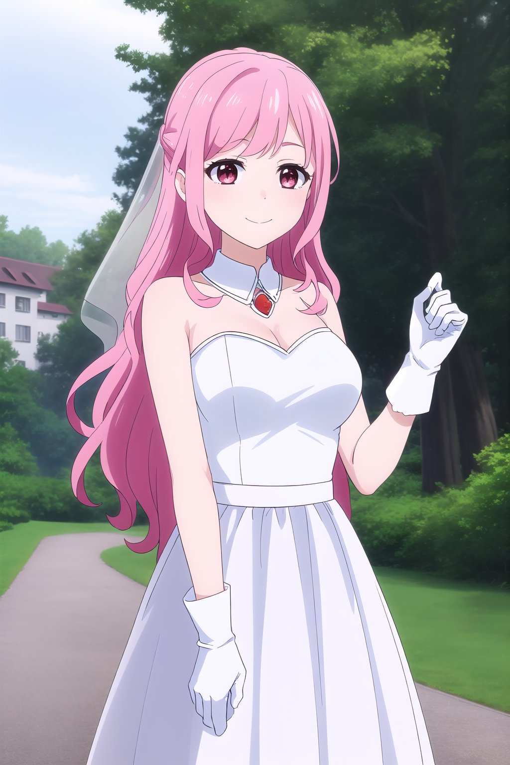 (masterpiece, best quality), highly detailed background, perfect lightingbest quality, yanagidakaoruko, solo, outdoors, nature, building, bridal veil, pink hair, swept bangs, wavy hair, very long hair, sidelocks, pink eyes, medium breasts, wedding dress, white dress, white gloves, frilled skirt, smile, closed mouth, :), <lora:Yanagida-Kaoruko-2-10:0.7>