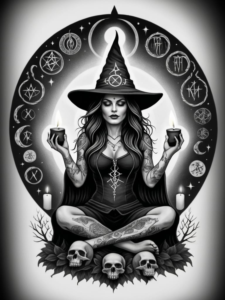 tattoo, tattoo style, (monochrome:1.5) a tattoo design of a powerful witch seated in a meditative pose. She wears a large, pointed hat and has long flowing hair. Her attire is intricate, featuring detailed patterns and symbols. Surrounding her are magical elements such as a spellbook, a skull, candles, and potion bottles. The background showcases a circular array of mystical runes and symbols, adding to the enchantment of the scene. The overall design is complex and rich in detail, evoking a strong sense of mysticism and power.<lora:SDG-Tattoo-Lora-SDXL:1>