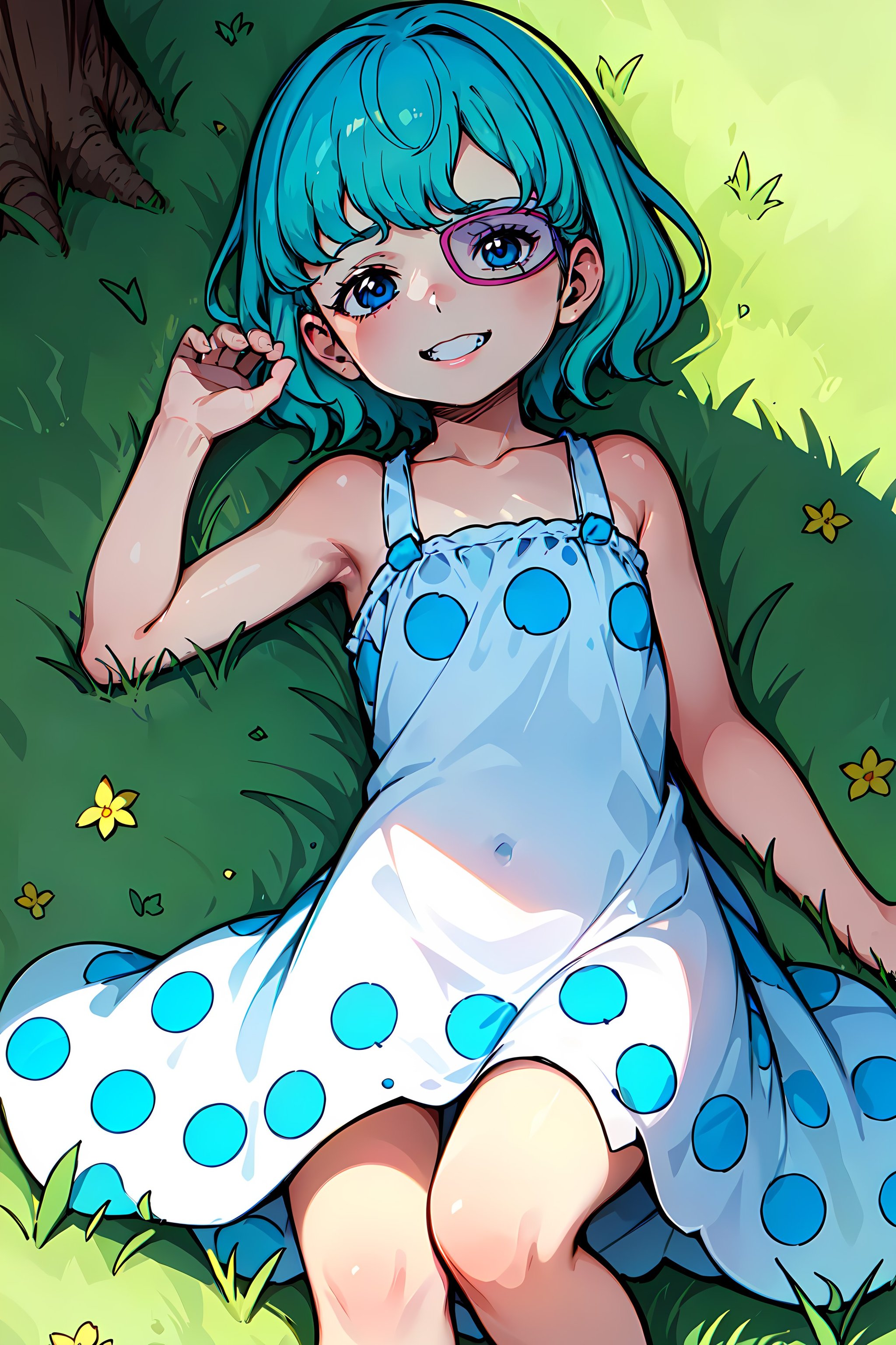 masterpiece, best quality,OPSugar, 1girl, solo,polka dot dress,short dress,green hair,lying down,grass,eyepatch,teeth,,young girl,smileblue eyes,flat chest,short hair,pose,outdoors,scenery,sleeveless dress,beautiful scenery,<lora:Sugar:0.7>