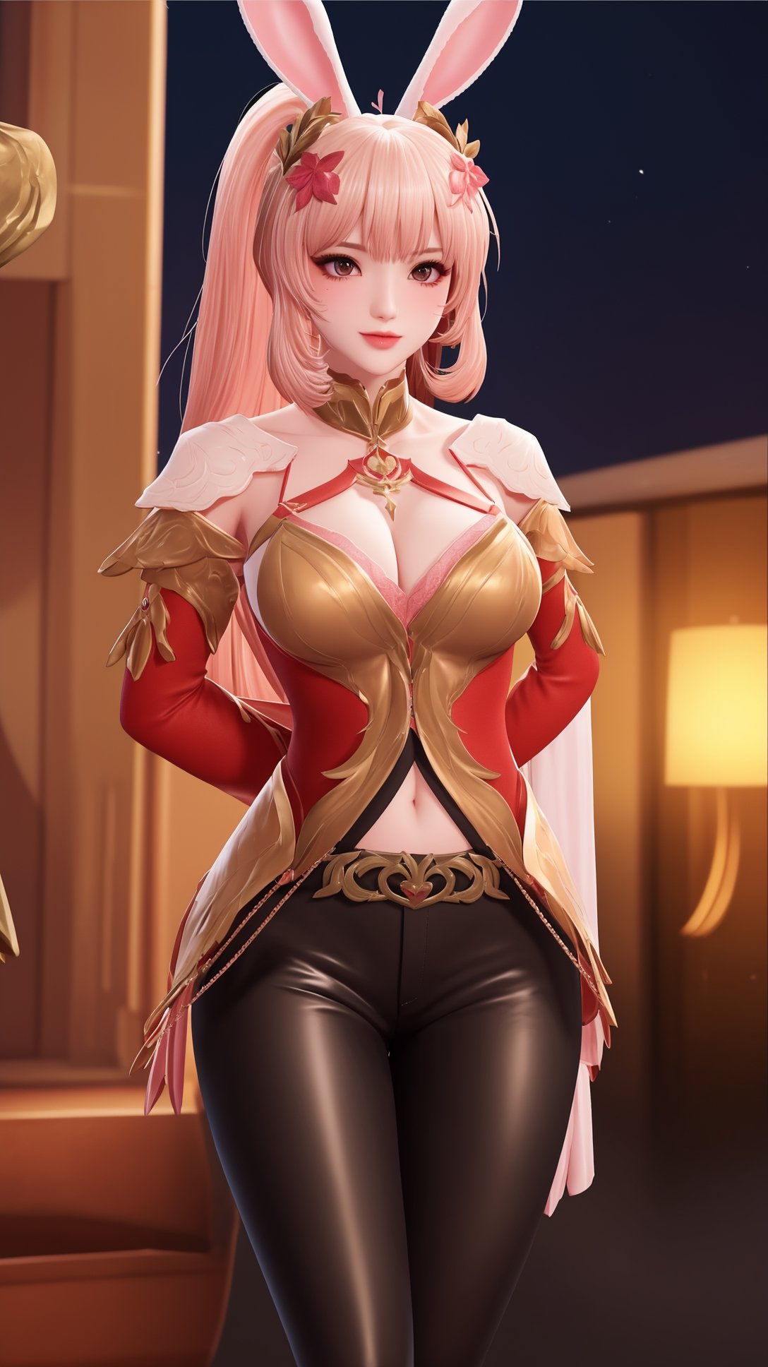 (1girl),smooth chin,masterpiece,detailed face,((hair ornament focus)),top quality,4k,make up,best quality,medium breasts,(looking at viewer),eyes focus,upper body,rabbit ears,pink hair,ponytail,((black pants)),blush,body blush,mature female,navel,light red and light golden mixed sleeves,night sky,arms behind back,long legs,red skirt,hole on pants,walking,<lora:王者 公孙离 原皮_v1.0-000008:0.8>,