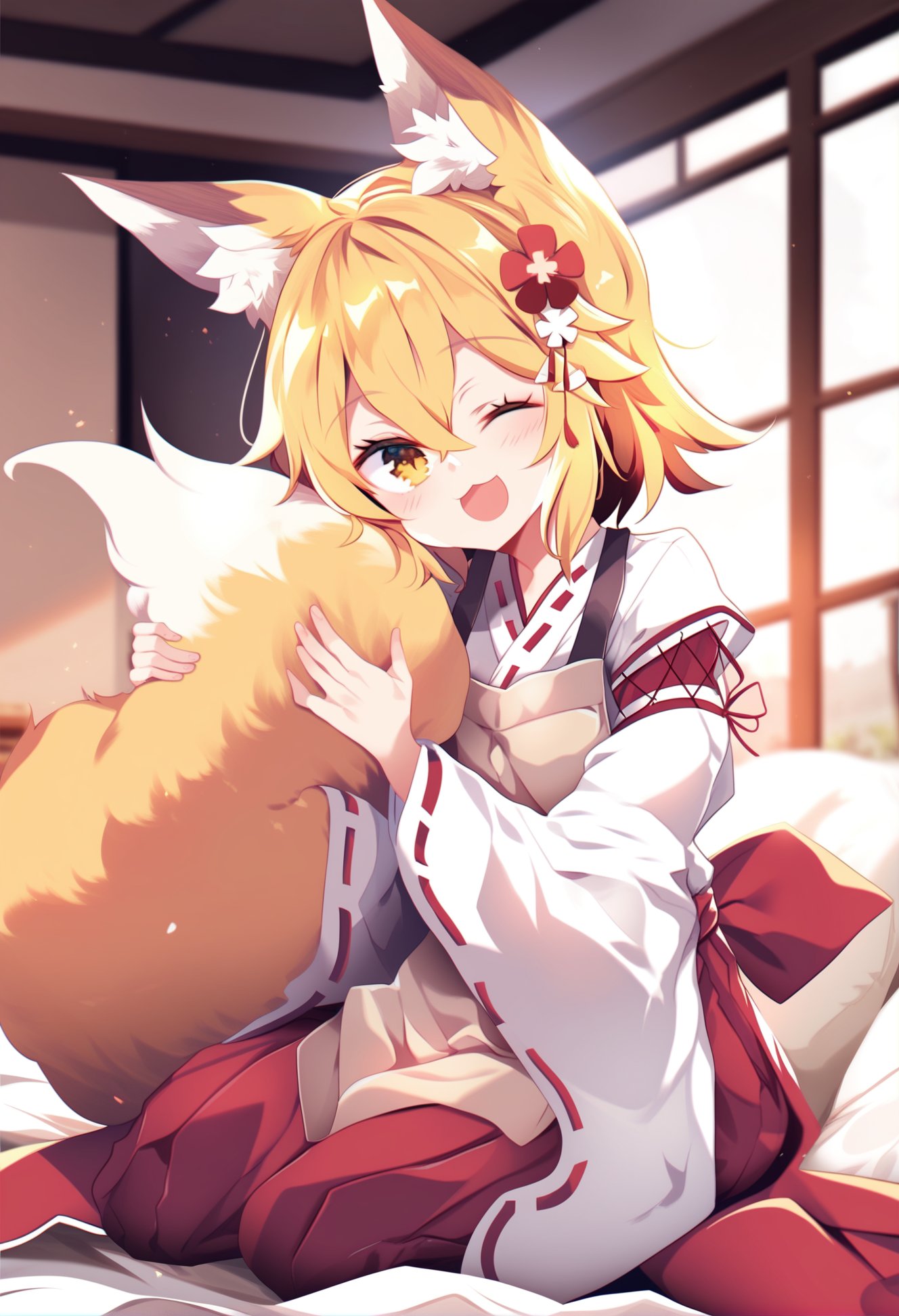 by maturiuta sorato,  by hu dako, best quality, masterpiece, score_9, score_8_up, score_7_up,1girl, senko \(sewayaki kitsune no senko-san\), animal_ear_fluff, fox girl, fox ears, fox tail, eyelashes, blonde hair, hair flower barrette, miko, red hakama, brown apron, hugging own tail, happy, one eye closed,indoors, bedroom, sitting on bed