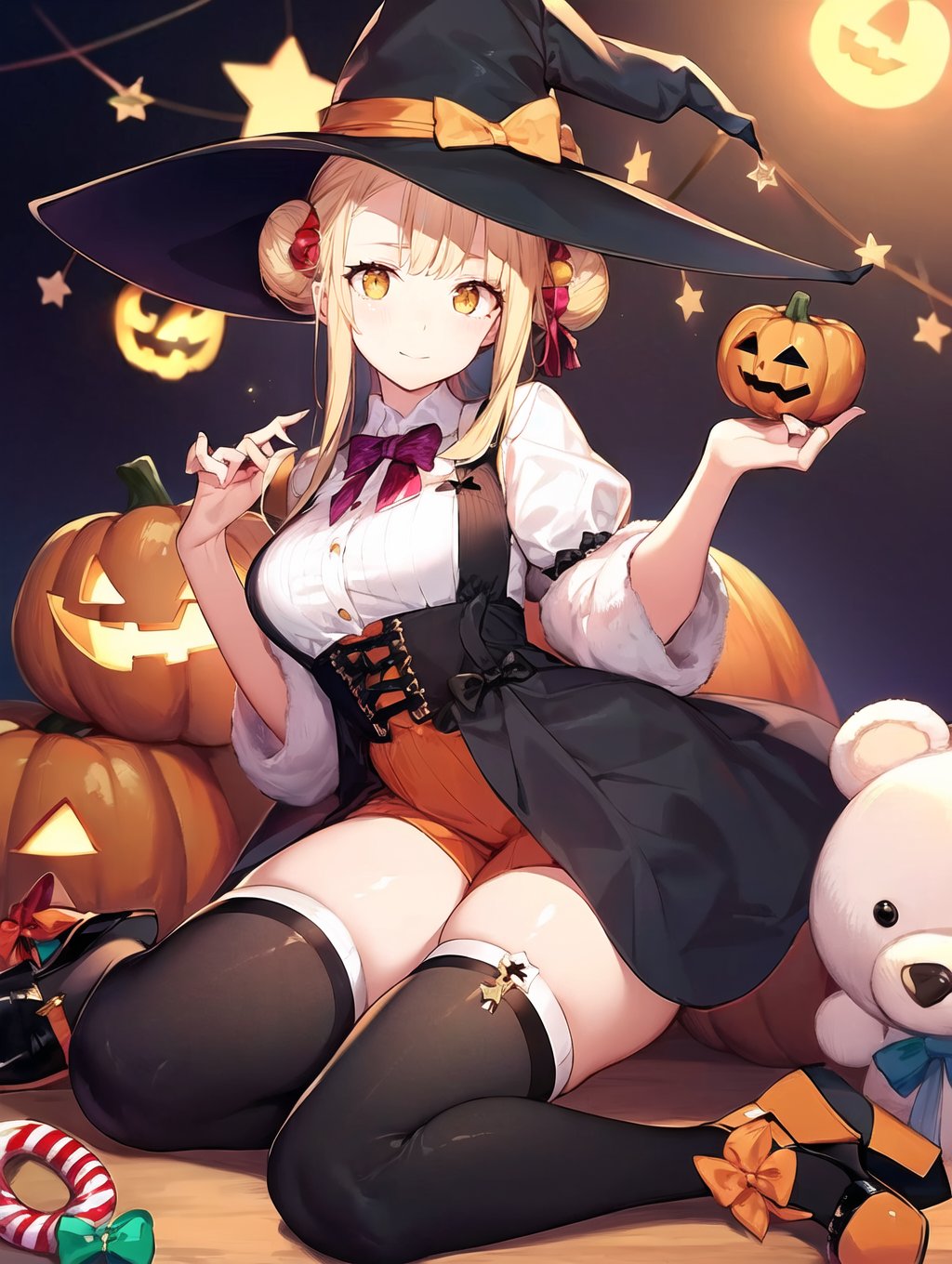 Masterpiece, best quality, hat, witch hat, 1girl, thigh high, candy, food, blonde hair, high heels, stripes, jack-o-lantern, yellow eyes, double bun, bow, looking at the audience, bow tie, solo, stuffed toys, breasts, halloween, bun, stuffed animals, candy canes, teddy bear, pumpkin, shirt, fluffy sleeves, stars (symbol), white shirt