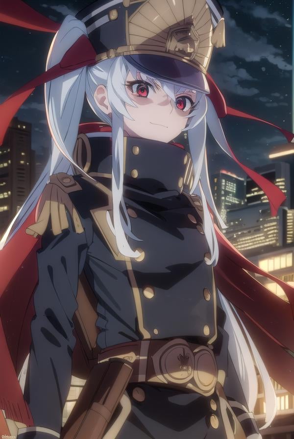 recreatorsaltair, <lora:recreators altair s1-lora-nochekaiser:1>, altair, long hair, (red eyes:1.3), very long hair, white hair, smile, grin,BREAK gloves, hat, uniform, military, military uniform, shako cap,BREAK outdoor, city, night, sky, buildings, moon, clouds,BREAK looking at viewer, (cowboy shot:1.5),BREAK <lyco:GoodHands-beta2:1>, (masterpiece:1.2), best quality, high resolution, unity 8k wallpaper, (illustration:0.8), (beautiful detailed eyes:1.6), extremely detailed face, perfect lighting, extremely detailed CG, (perfect hands, perfect anatomy),