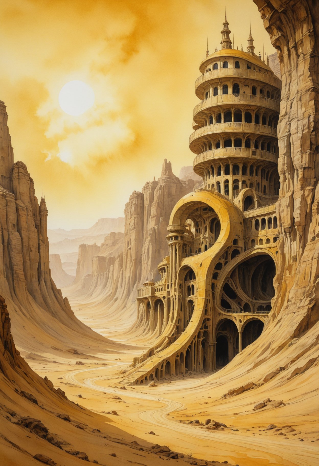 Watercolor painting inspired by Hans Ruedi Giger, dreamlike realm within an arid desert, abandoned edifices adrift on sinuous currents, void-like surroundings, mustard yellow tonality.