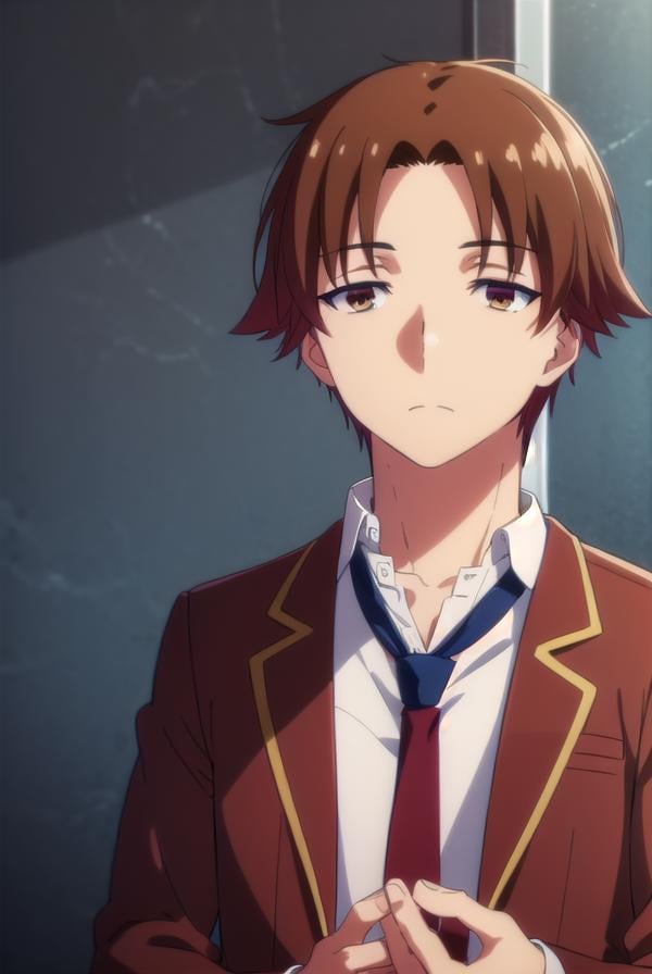 kiyotakaayanokouji, <lora:kiyotaka ayanokouji s2-lora-nochekaiser:1>,kiyotaka ayanokouji, brown hair, (brown eyes:1.5), male focus, (parted bangs:1.5), short hair,BREAK school uniform, jacket, necktie, blazer, blue necktie, shirt, white shirt, collared shirt, (red blazer:1.5),BREAK indoors, classroom,BREAK looking at viewer, (cowboy shot:1.5),BREAK <lyco:GoodHands-beta2:1>, (masterpiece:1.2), best quality, high resolution, unity 8k wallpaper, (illustration:0.8), (beautiful detailed eyes:1.6), extremely detailed face, perfect lighting, extremely detailed CG, (perfect hands, perfect anatomy),