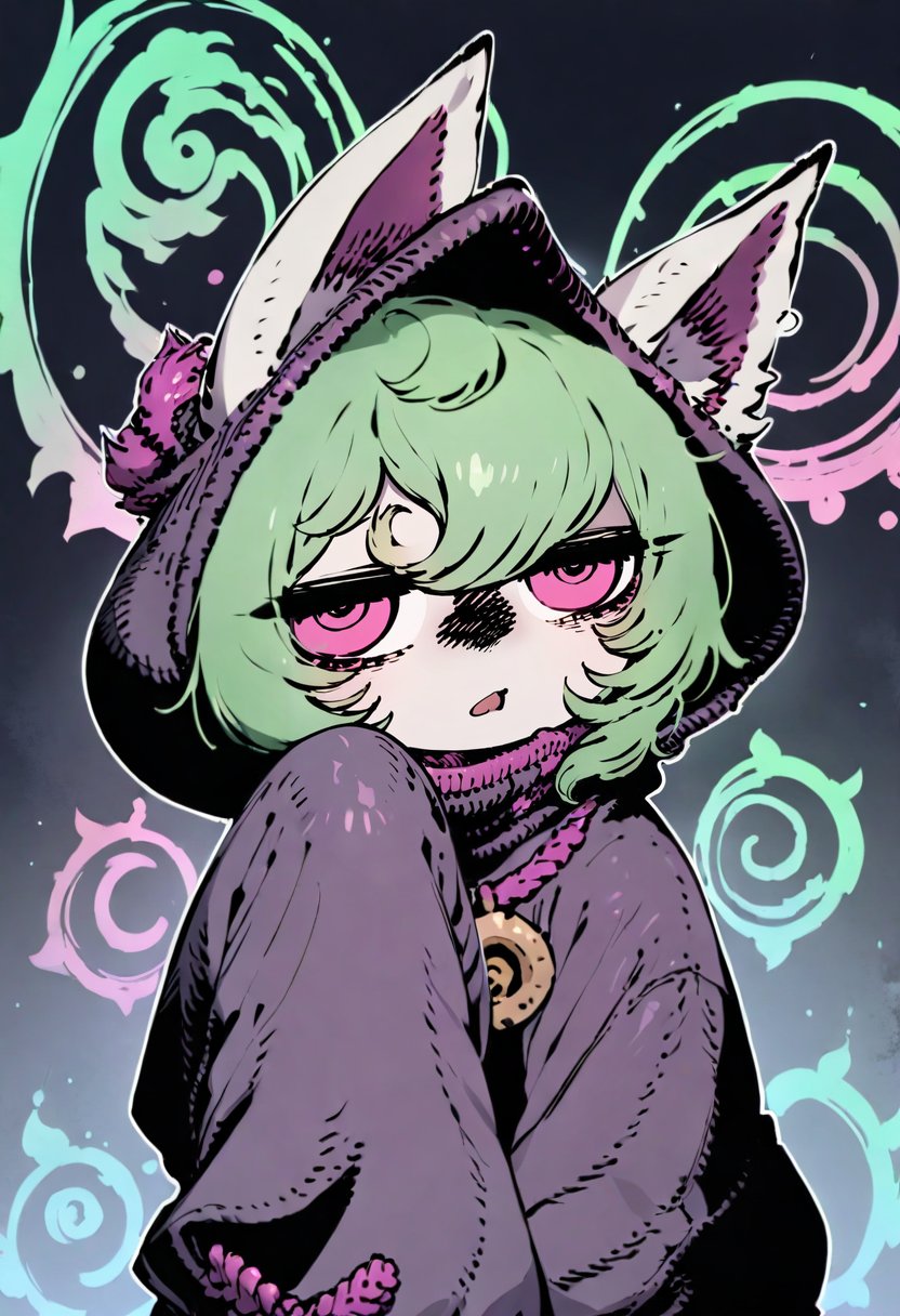 masterpiece, best quality,<lora:SSAMBAteaXL_ANI31_lokr_V53P1:0.95>  1girl, hood, green hair, yordle, ears through headwear, pink eyes, solo, animal ears, sleeves past wrists, hood up, sleeves past fingers, jitome, bangs, hand up, long sleeves, looking at viewer