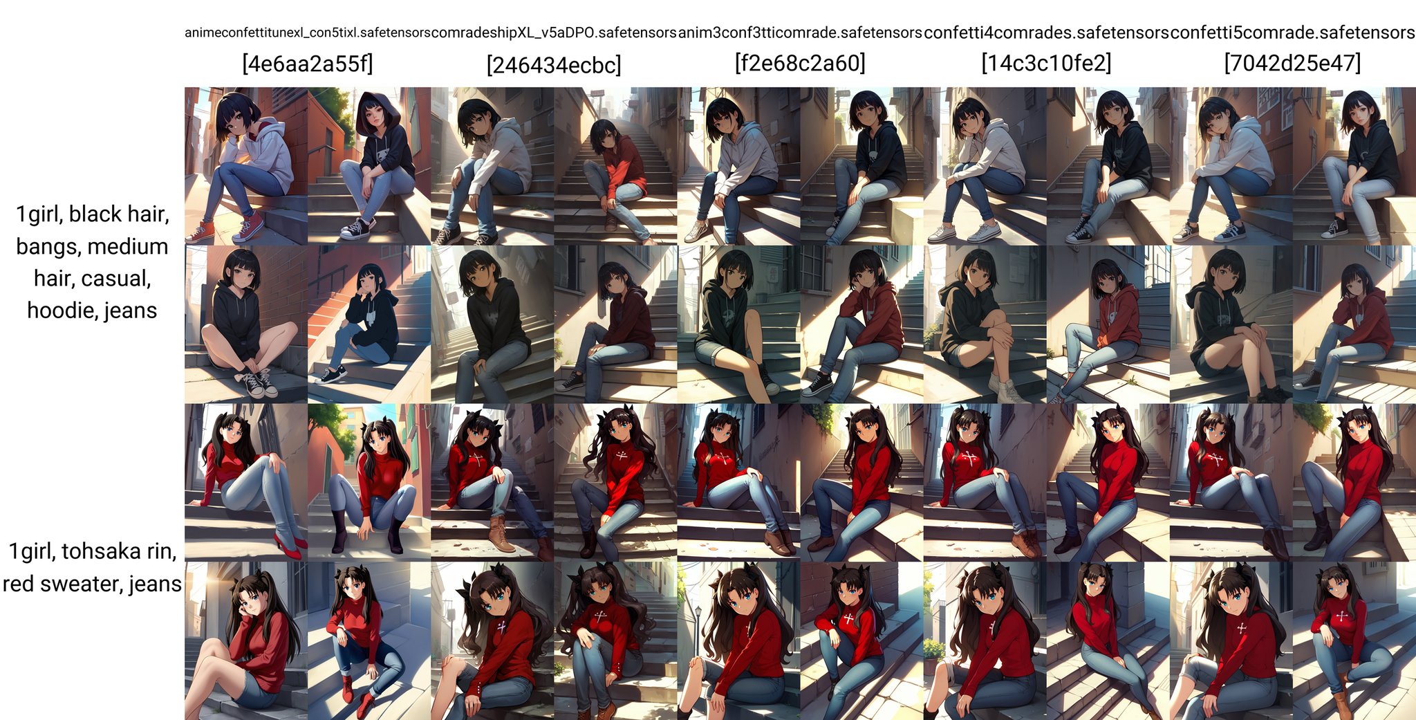 score_9, score_8_up, score_7_up, score_6_up, score_5_up, score_4_up1girl, black hair, bangs, medium hair, casual, hoodie, jeans, alley, between legs, hand between legs, hand on own knee, head tilt, looking at viewer, outdoors, sitting, sitting on stairs, solo, sunbeam, sunlight