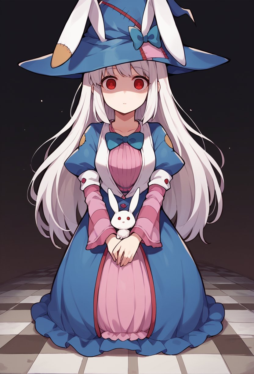 <lora:IrisuKyouko:1> irisu kyouko, 1girl, long hair, red eyes, white hair, very long hair, animal ears, rabbit ears, hat, witch hat, dress, striped,  empty eyes,  horror \(theme\),, score_9, score_8_up, score_7_up, source_anime,