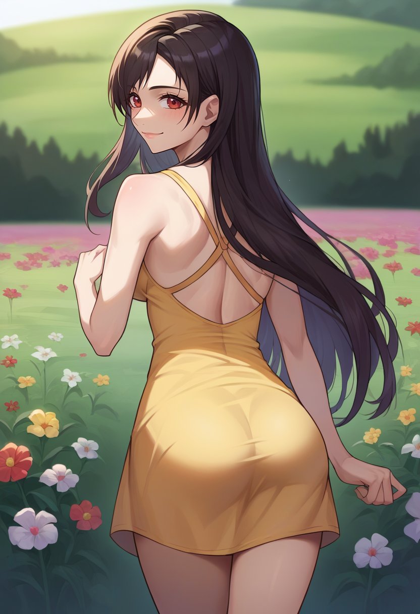 score_9, score_6_up, source_anime, 1girl, solo, flower field, tifa_misc, long hair, from behind, looking back, ass, yellow sundress, light smile <lora:tifaXL:0.9>