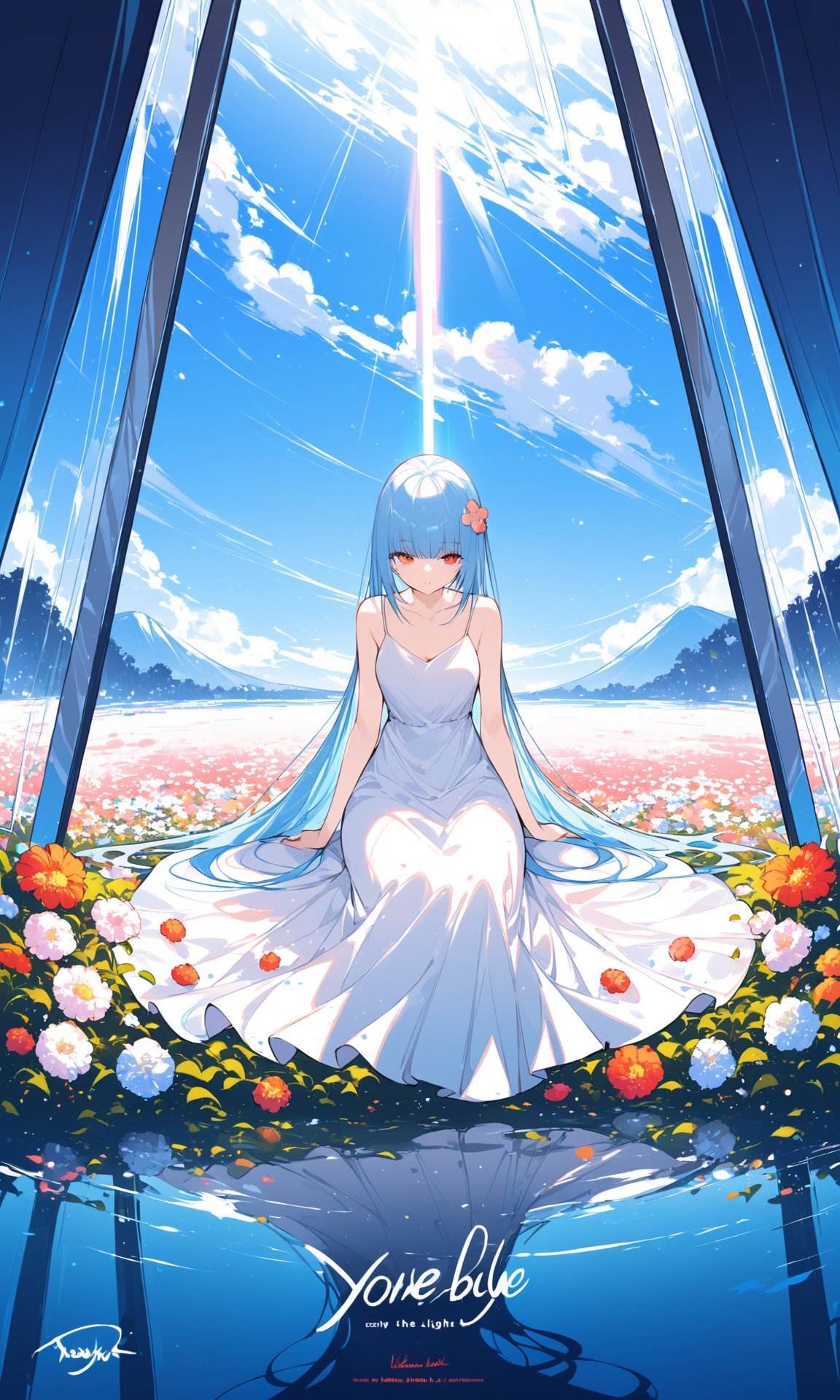 best quality,masterpiece,illustration,(reflection light),incredibly absurdres,(Movie Poster),(signature:1.3),(English text:1.3),1girl,girl middle of flower,pure skyblue hair,red eyes,clear sky,outside,collarbone,sitting,absurdly long hair,clear boundaries of the cloth,white dress,fantastic scenery,ground of flowers,thousand of flowers,colorful flowers,flowers around her,various flowers,