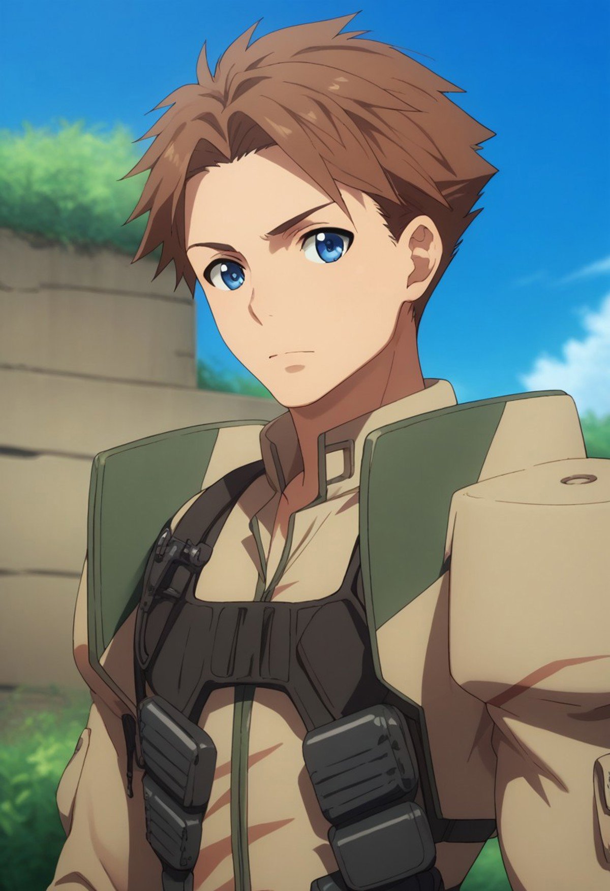 score_9, score_8_up, score_7_up, source_anime, highly detailed, heivia, 1boy, male focus, solo, brown hair, short hair, blue eyes, uniform, military, military uniform, standing, looking at viewer, brown uniform, upper body,outdoor, sky, 