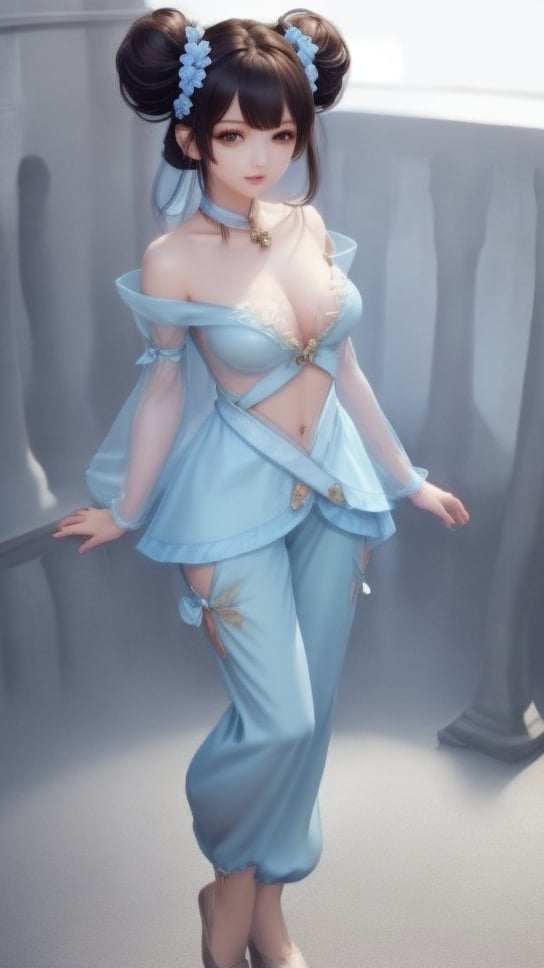 (1girl),smooth chin,masterpiece,detailed face,((hair ornament)),top quality,4k,make up,best quality,medium breasts,(looking at viewer),long legs,double bun,jewelry hair,dress,detached sleeves,ribbon,shawl,light blue skirt,puffy pants,hair rings,hair flower,(wariza),(arms behind back),bangs,jewelry on bangs,<lora:王者 小乔 青蛇SD_v1.0:0.6>,