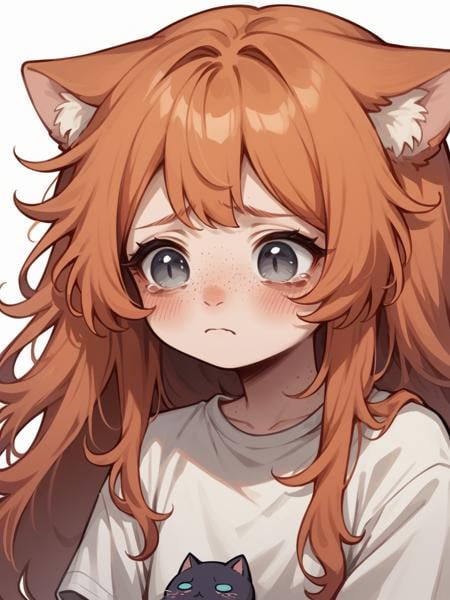 score_9, score_8_up, score_7_up, score_6_up, <lora:3m0t3XLP:1>3m0t3, ginger hair, blush, 1girl, freckles, grey eyes, long hair, Fr3ckles, <lora:Fr3ckledXLP:0.2> white background, cat ears, sad