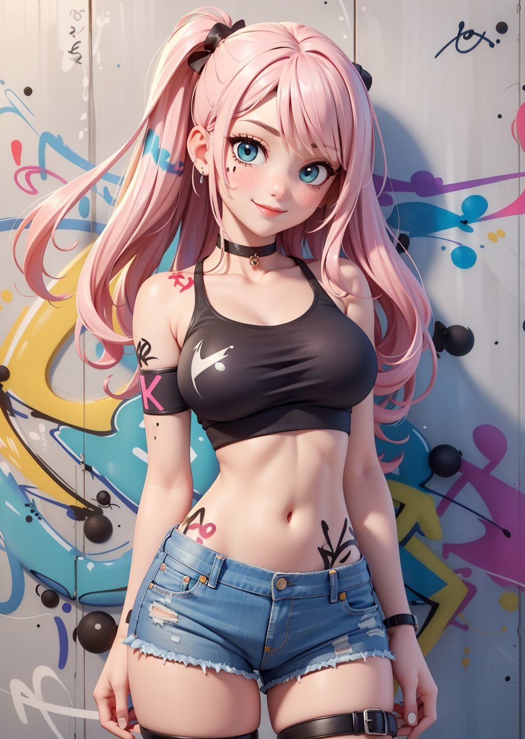 8k uhd,(best quality:1.2),(masterpiece:1.2),perfect eyes,very detailed,beautiful 18 year old fergie,solo,huge round breasts,crop top,denim shorts,choker,(graffiti:1.5),paint splatter,arms behind back,against wall,looking at viewer,armband,thigh strap,paint on body,head tilt,bored,multicolored hair,aqua eyes,smile,(perfectly drawn hands)+++,((highly detailed natural skin)),(skindentation),intricate details,hyper detailed,