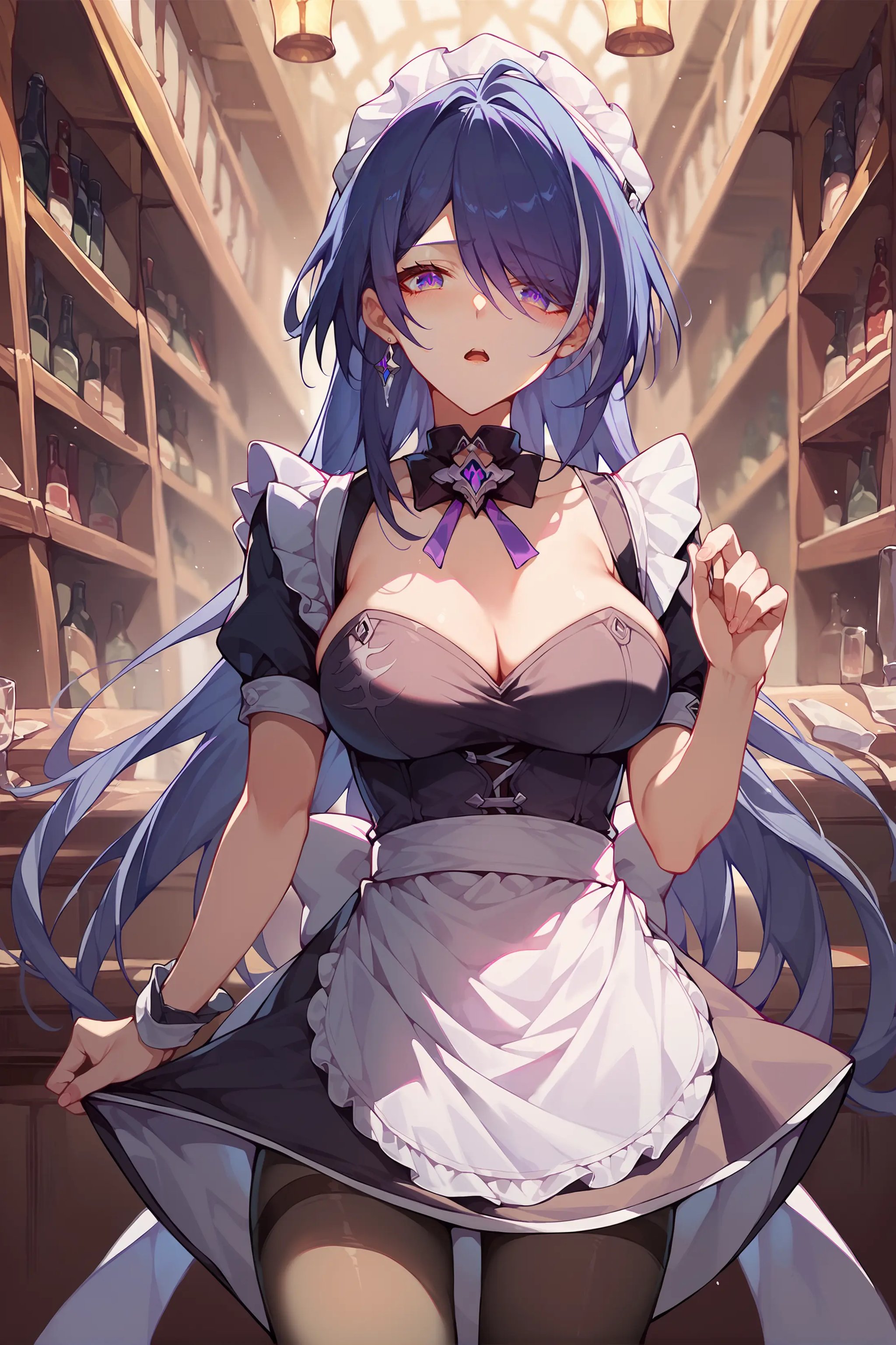 score_9, score_8_up, score_7_up, 1girl, acheron \(honkai: star rail\), solo, maid, maid headdress, maid apron, embarrassed, pantyhose, open mouth, blush, parted lips, looking at viewer, cowboy shot, bar \(place\), indoors, depth of field <lora:Char-HonkaiSR-Acheron-Pony-V1:0.9>  <lora:Expressive_H:0.9>