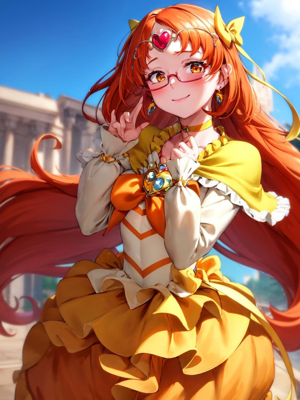 masterpiece, best quality, looking_at_viewer, depth_of_field, cowboy shot, 1girl, <lora:locon_cure_muse_01_block-000028:0.9>, cure muse, orange hair, hair ribbon, yellow choker, jewelry, brooch, capelet, tiara, glasses, hands on own cheeks, blush, closed mouth, smile, standing, gradient_background, 