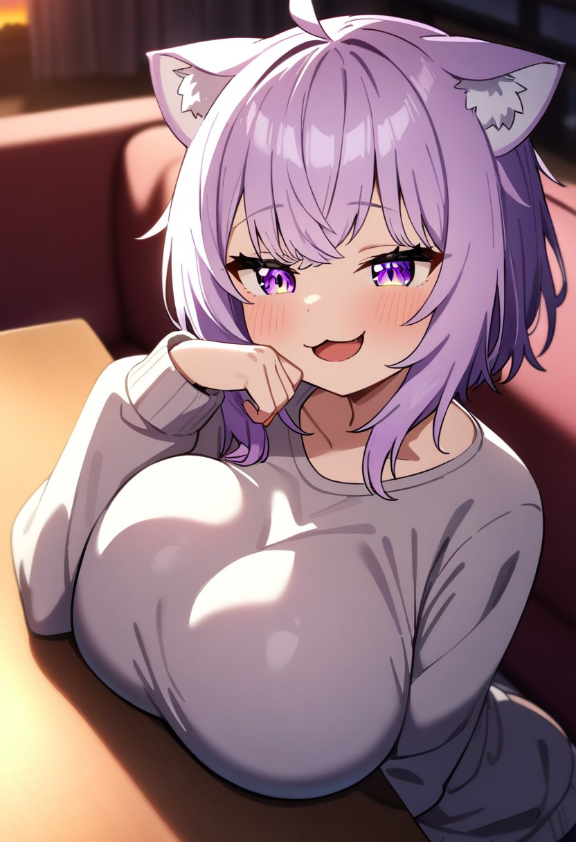 1girl, nekomata okayu, hololive, anime coloring,short hair, purple hair, purple eyes, gradient eyes, open mouth, smug, sweater, cat ears, hand on own face, large breasts, breast press, table, couch, sunset, masterpiece, best quality, very aesthetic, absurdres,
