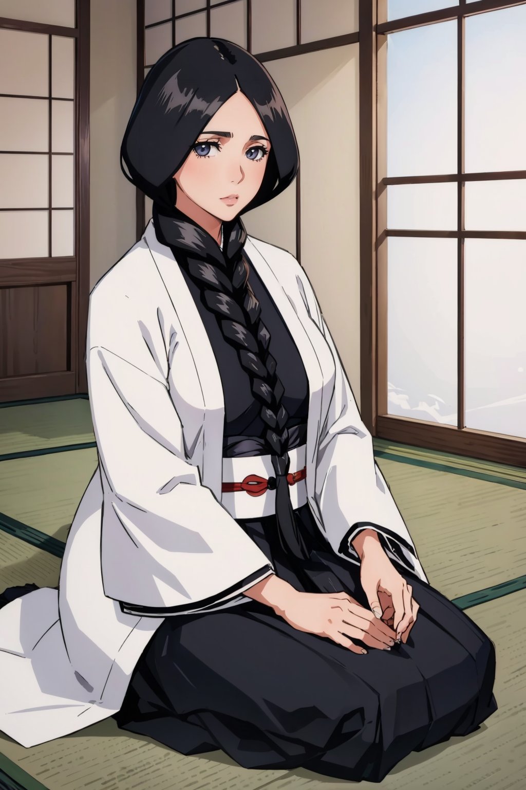 masterpiece, best quality, <lora:unohanaretsu-nvwls-v1-000009:0.9> unohana retsu, single braid, white coat, black kimono, black skirt, night sky, large breasts, mature female, japanese architecture, seiza, indoors, sitting, looking at viewer