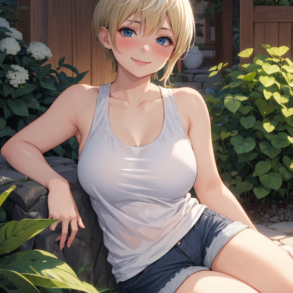 tenkaizumo, mature female, mature face, beautiful smile, nose blush, hair ornament, tank top, micro shorts, day, ambient lighting, garden, <lora:IzumoTenkaV2:0.8>