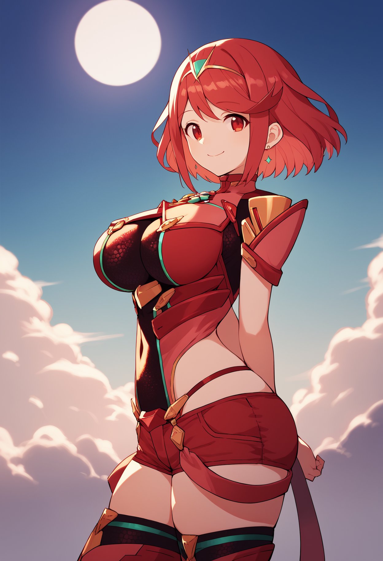 score_9, score_8_up, score_7_up, source_anime BREAK 1girl, solo, <lora:pyra-xb-richy-v1_pdxl:0.8> prdef, red eyes, red hair, short hair, tiara, earrings, chest jewel, impossible clothes, red shorts, thighhighs, smile, standing, arms behind back