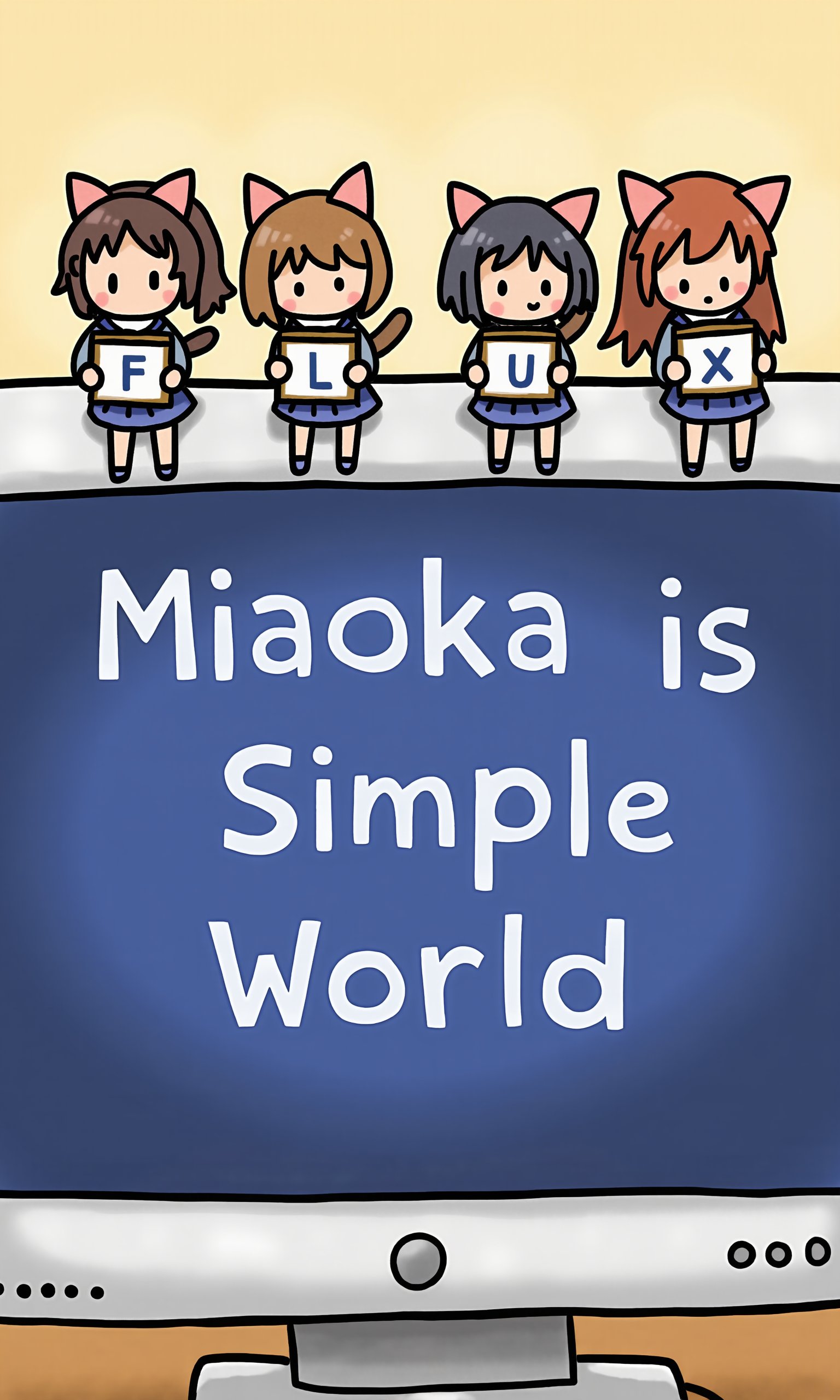 a line of four little  cat ear girls placed on the top of computer monitor, each cat ear girl holding a board with a printed letter, the letters are "F" "L" "U" "X", and on the screen with printed words reads "Miaoka is Simple World". cat ear girls all are in chibi size and wearing school uniforms.