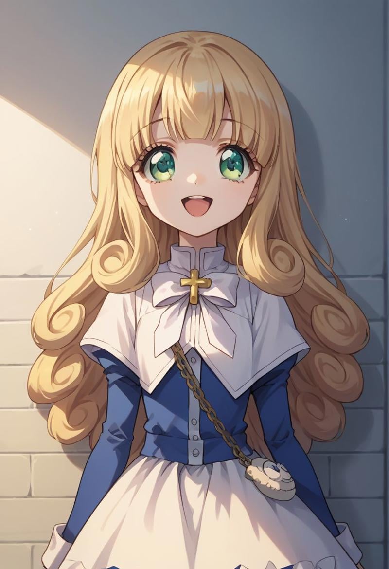 score_9, score_8_up, score_7_up, source_anime, highly detailed, 1girl, solo, cute,poporon, 1girl, blonde hair, solo, boots, long hair, dress, smile, upper body, body, open mouth, blue dress, long sleeves, green eyes, cr