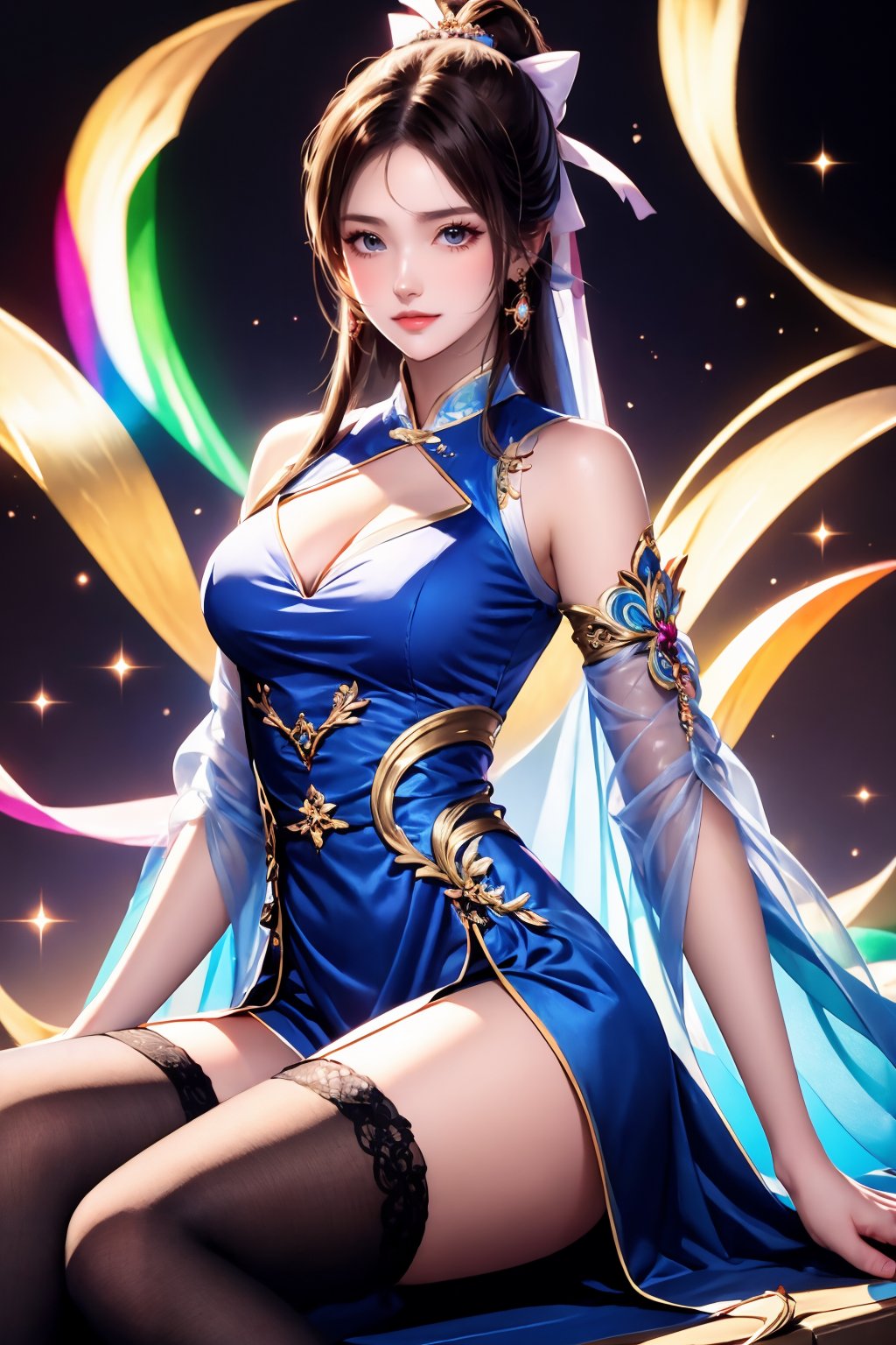 AgainRealistic_v2.0, 1girl, solo, rainbow, dress, thighhighs, ponytail, jewelry, sitting, blue dress, long hair, breasts, clothing cutout, looking at viewer, black hair, cleavage cutout, earrings, black thighhighs, detached sleeves, bare shoulders, closed mouth, hair ornament, chinese clothes, china dress, medium breasts, brown hair, cleavage, upper body, bracelet, hair bow, see-through sleeves, black background, glitter, dark background