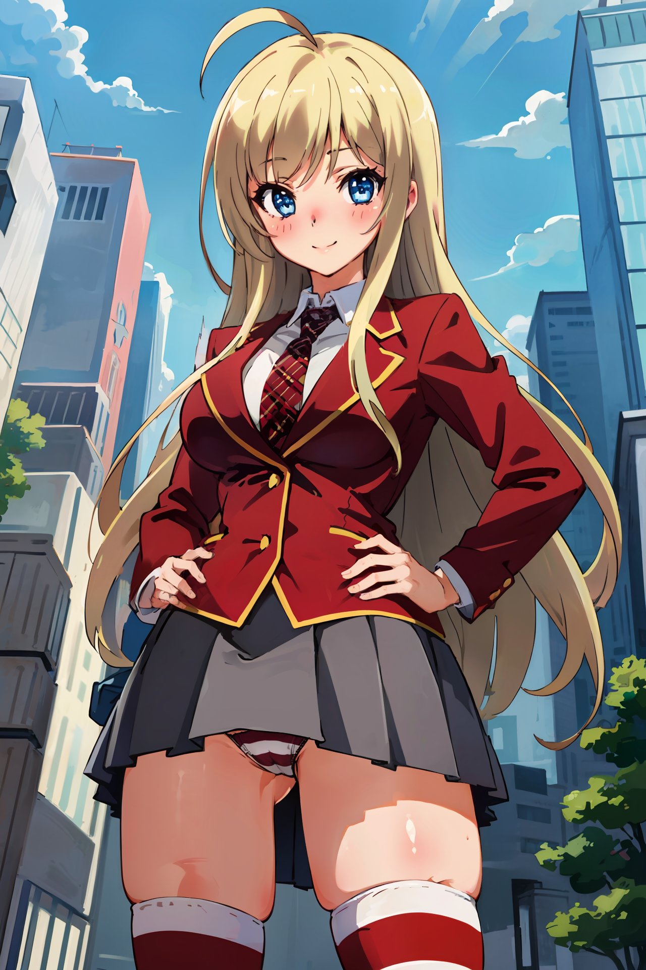 1girl, (masterpiece), (high resolution), (8K), (extremely detailed), (4k), perfect face, nice eyes and face, (best quality), (super detailed, intricate details, very aesthetic), detailed face and eyes, (solo), textured skin, absurdres, highres,   <lora:chocolat_noucome-09:0.7>, chocolat_wz, long hair, blonde hair, blue eyes, long hair, ahoge, breasts, striped thighhighs, blue eyes, striped clothes, necktie, school uniform, zettai ryouiki, blazer, red jacket, pleated skirt,  grey skirt, red thighhighs, from below, panties, brown panties, hand on hip, looking at viewer, light smile, light blush, city, tokyo \(city\),building, very good hands<lora:sd_v15_dpo_lora_v1:1>