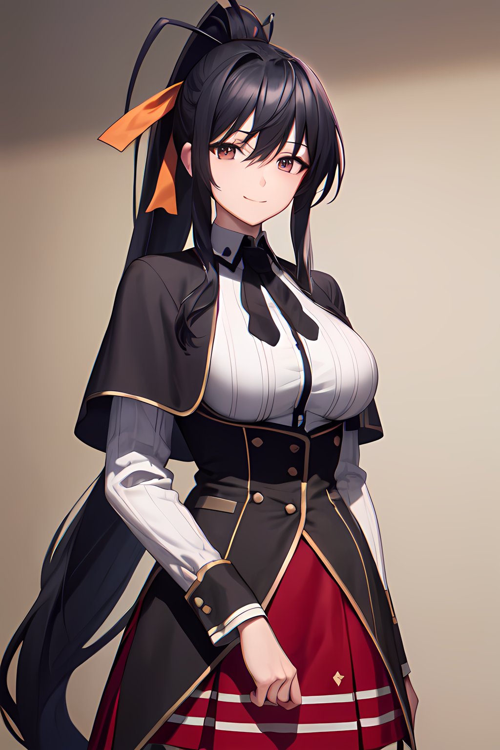 masterpiece, absurdres , (intricate details), (colorful),cinematic lighting,bust shot,extremely detailed CG unity 8k wallpaper, looking at viewer, <lora:akenoHSDXD-054:1> akenohimejima, black hair, very long hair, ponytail, school uniform, red skirt, ponytail, white shirt, black capelet, yellow ribbon, light smile