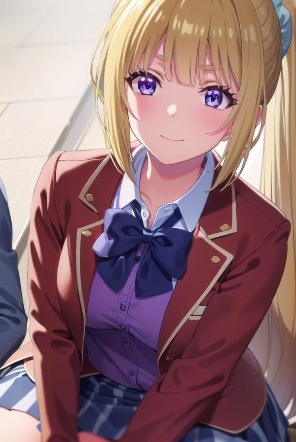 keikaruizawa, <lora:kei karuizawa s2-lora-nochekaiser:1>, kei karuizawa, long hair, bangs, blunt bangs, (purple eyes:1.1), blonde hair, shirt, hair ornament, ponytail, scrunchie, blue scrunchie, smile,BREAK skirt, shirt, bow, school uniform, jacket, (red jacket:1.2), pleated skirt, bowtie, sweater, (blue bow:1.2), (blue shirt:1.2),BREAK indoors, classroom,BREAK looking at viewer, (cowboy shot:1.5),BREAK <lyco:GoodHands-beta2:1>, (masterpiece:1.2), best quality, high resolution, unity 8k wallpaper, (illustration:0.8), (beautiful detailed eyes:1.6), extremely detailed face, perfect lighting, extremely detailed CG, (perfect hands, perfect anatomy),