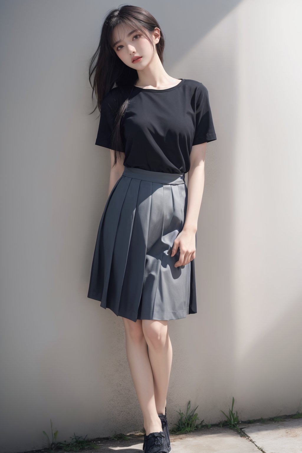 1girl, against wall, arms behind back, black hair, braid, full body, grey skirt, hair over shoulder, long hair, looking at viewer, pleated skirt, shirt, shoes, short sleeves, skirt, solo, standing, twin braids <lora:国际超模脸:0.8>