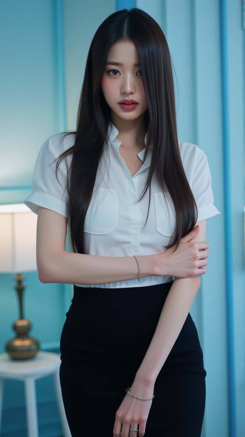 [18][24_94]Against a soft, true gradient blue background, a stunning real large breasts Japanese woman with long, flowing dark hair, her piercing gaze directly addressing the viewer. skirt, shirt, realistic, pencil skirt, door, brown eyes, black skirt, looking at viewer, bracelet, indoors, jewelry, chair, white shirt, lips, standing, lamp , <lora:flux-RealismLora :0.8>, <lora:EmmaFluxV2:1>, 