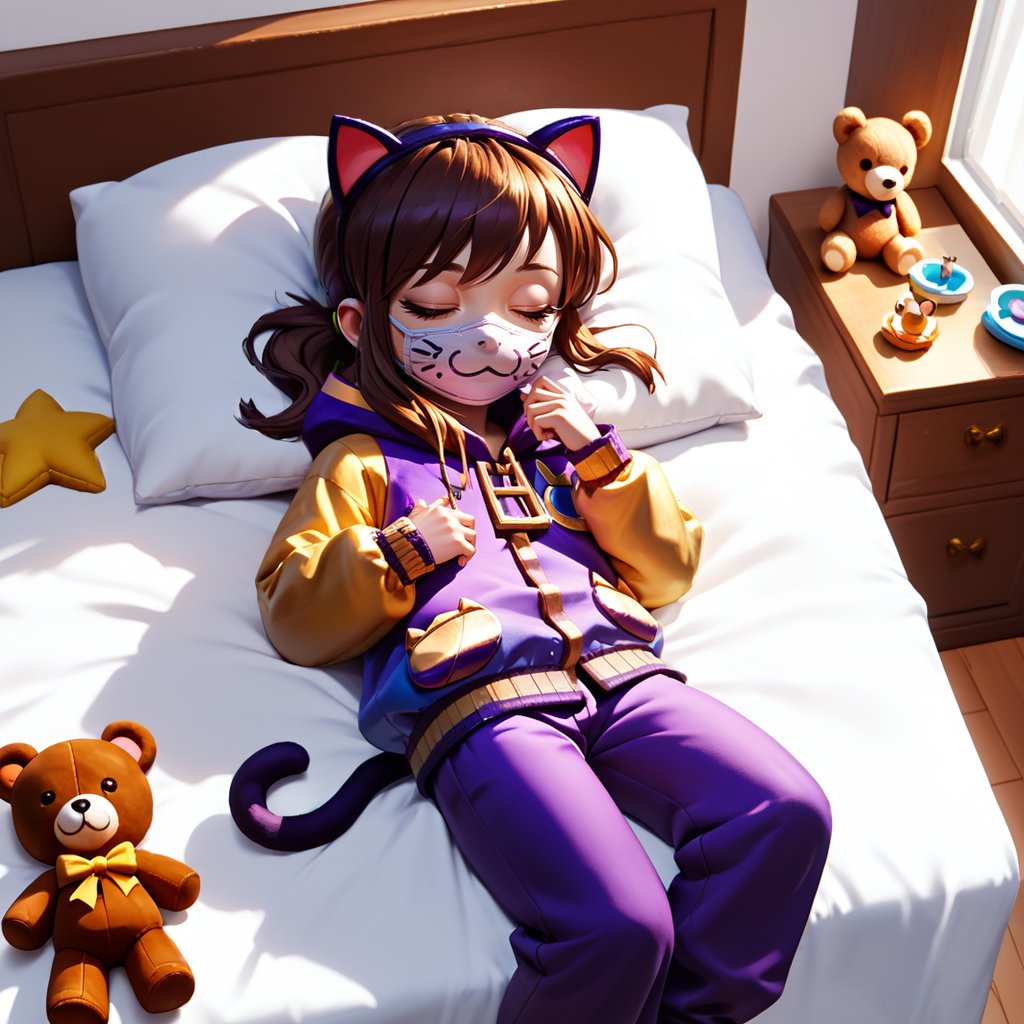 <lora:hatkid:1>,1girl,solo,hat-kid,brown hair,sidelocks,ponytail,closed eyes,fake cat ears,cat mouth mask,yellow-purple letterman jacket,purple pants,cat tail, sleeping, curled up, fetal position, on bed, on side, from above, indoors, pillow, stuffed toy, teddy bear,, score_9, score_8_up, score_7_up, perfect anatomy, source_anime, zPDXL2,