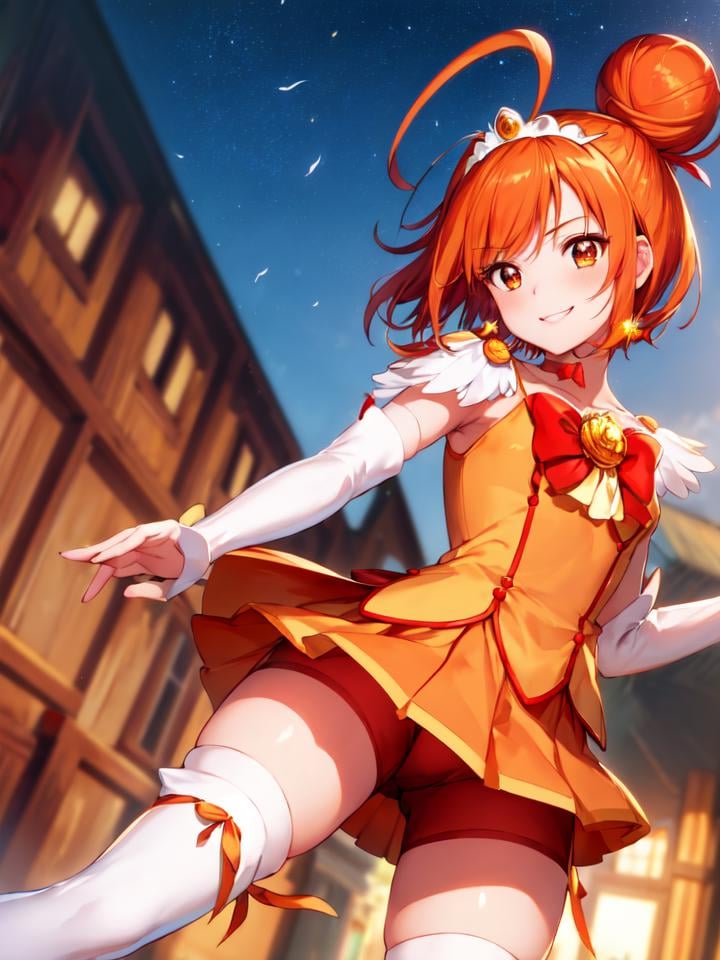 masterpiece, best quality, looking_at_viewer, depth_of_field, smile,1girl, <lora:locon_cure_sunny_1:0.9>, cure sunny, feather hair ornament, single hair bun, ahoge, tiara, white thigh boots, bare arms, ribbon, bowtie, orange short shorts, shorts under skirt, 