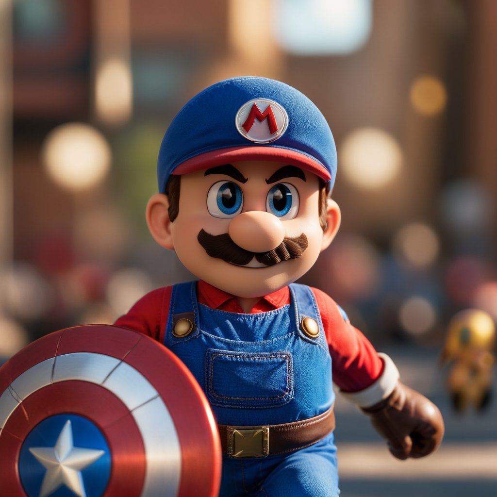 cinematic photo  mario dressed as captain america  . 35mm photograph, film, bokeh, professional, 4k, highly detailed  <lora:Mario1024-000200:0.8>