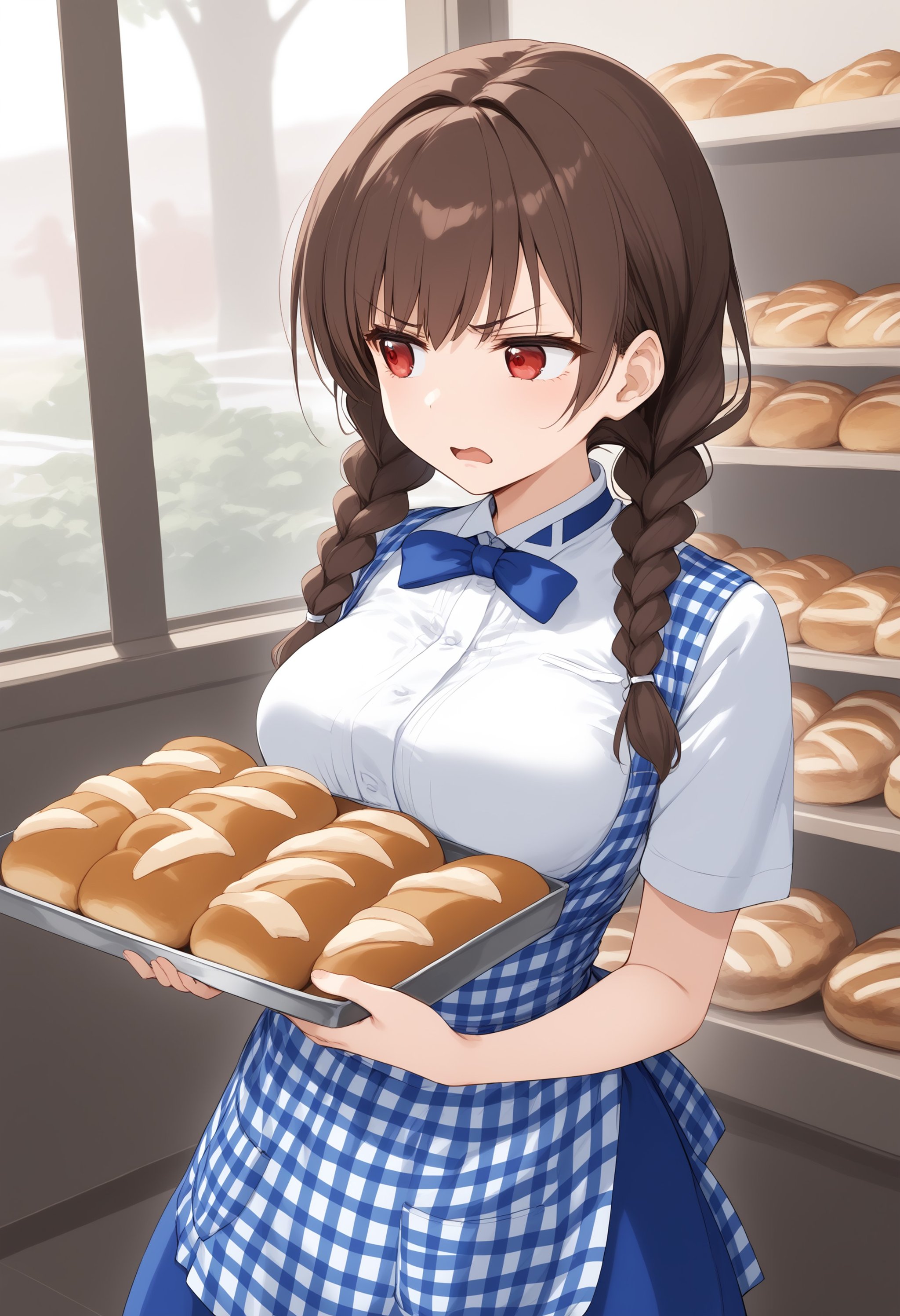 1girl, medium breasts,kobeya uniform, blue skirt, blue neckwear, gingham apron,Bakery, <lora:kobeya_Pony_v1:0.7>dutch angle, panorama shot, looking ahead, brown hair, red eyes,disgust, open mouth, twin braids hair,