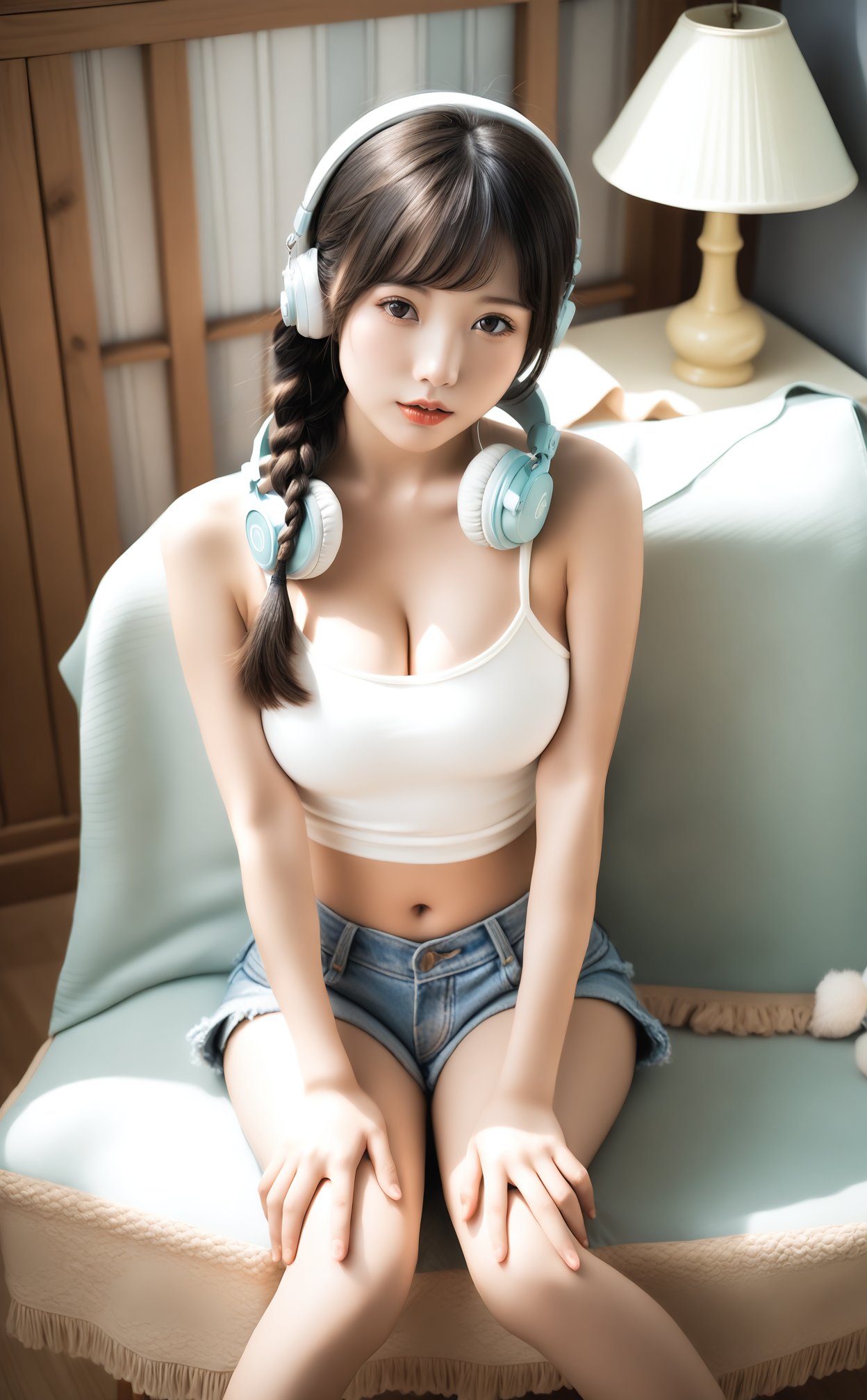 masterpiece,best quality,high quality,1girl,loli,1girl,headphones,shorts,headphones around neck,breasts,solo,sitting,denim,denim shorts,cleavage,hands on own knees,navel,looking at viewer,realistic,short shorts,midriff,parted lips,asian,indoors,camisole,photorealistic,medium breasts,chair,braid,long hair,lips,hair over shoulder,brown eyes,bare shoulders,brown hair,crop top,lamp,white camisole,black hair,couch,hands on own thighs,feet out of frame,hair tie,sunlight,nose,pillow,bare arms,sleeveless,cushion,stomach,single braid,black eyes,day,shirt,swept bangs,drawer,bare legs,head tilt,red lips,blurry,