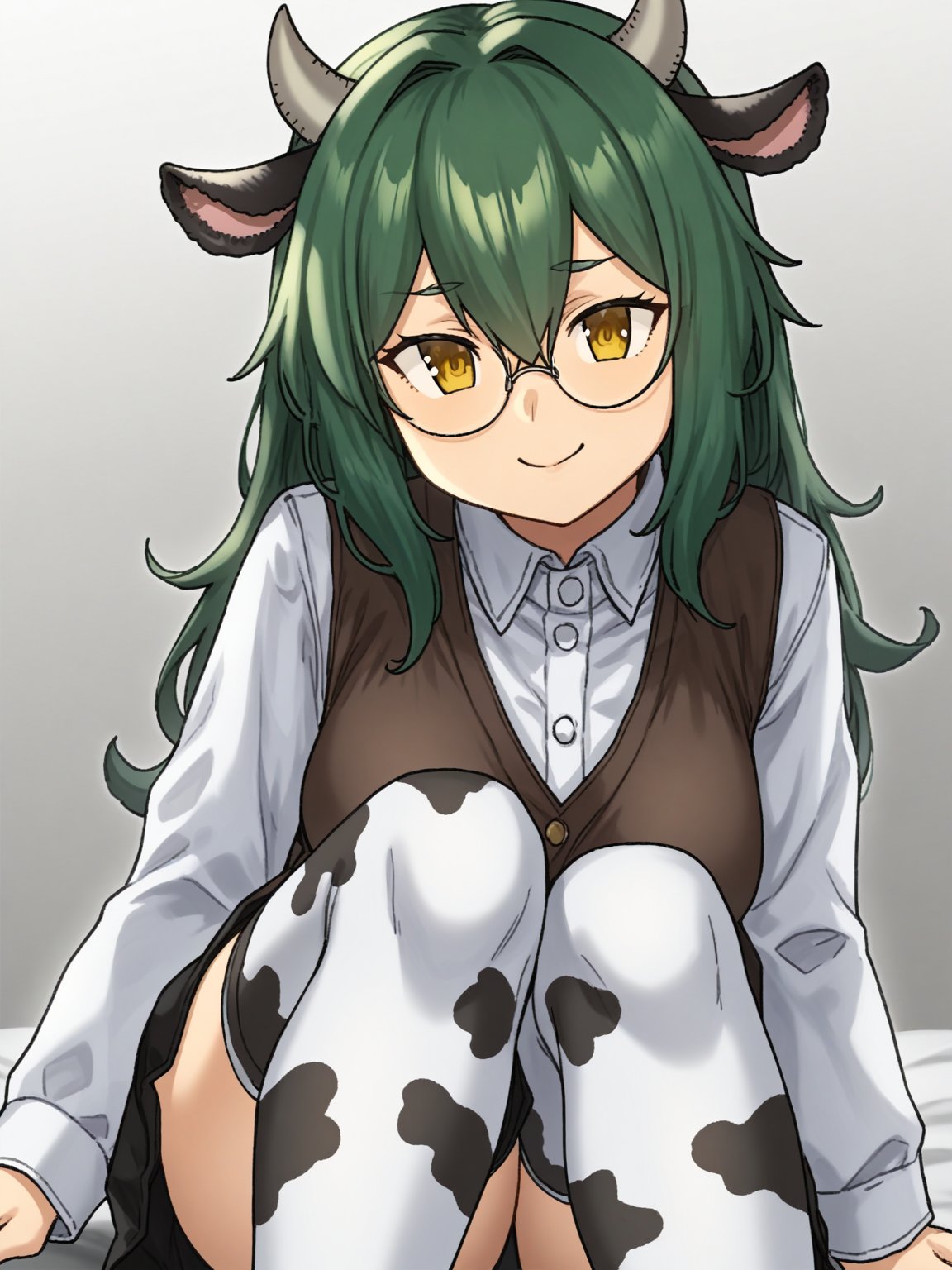 score_9, source_anime,solo, female,cow print, cow horns, cow girl, cow ears, smile, closed mouth, glasses, round eyewear, yellow eyes, looking at viewer, hair between eyes, green hair, long hair,thigh_highs, long sleeves<lora:hou621 ponyDiffusionV6XL_v6StartWithThisOne__1713024306:1>