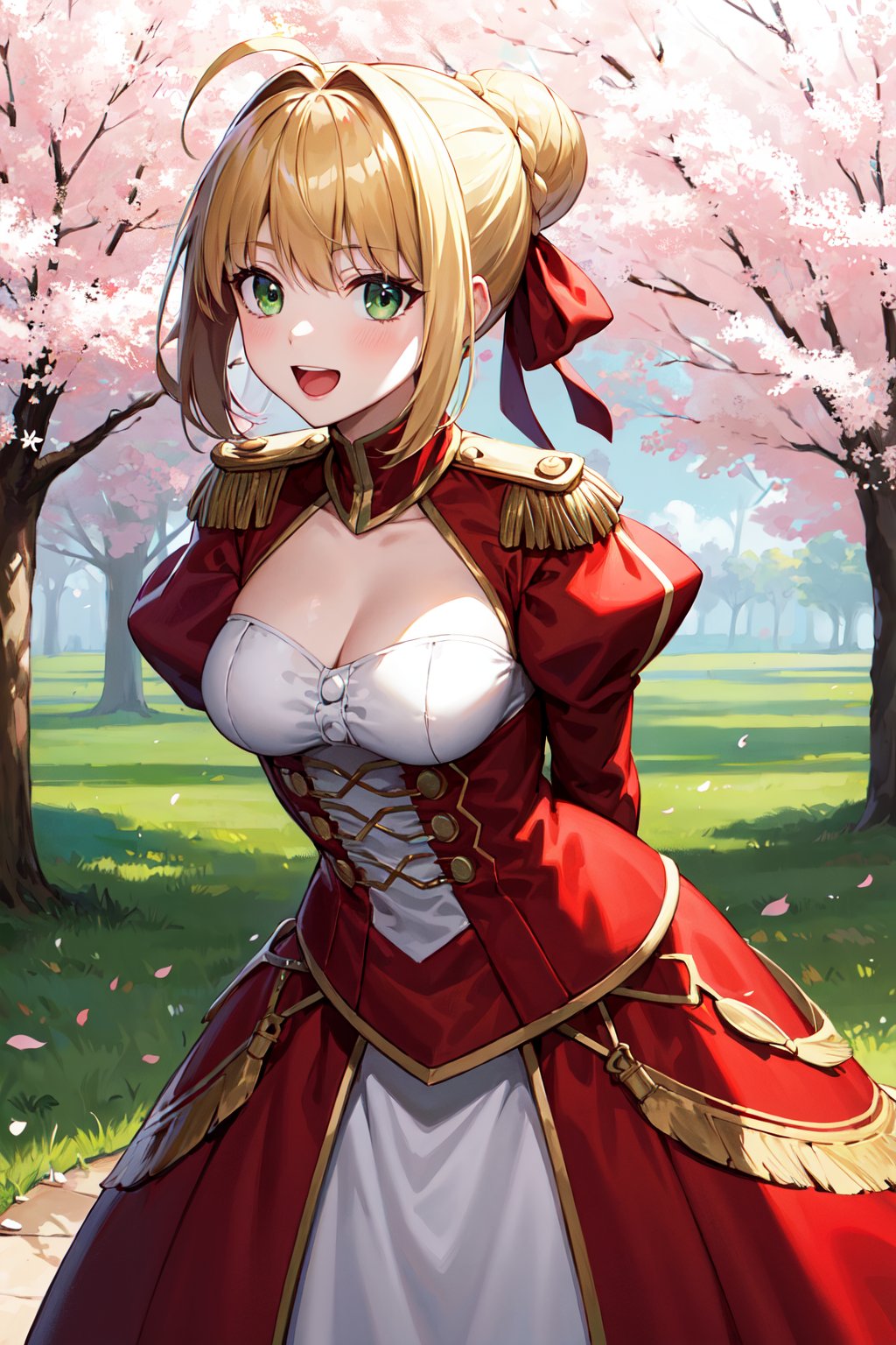 masterpiece, best quality, highres, aanero, ahoge, braid, single hair bun, hair ribbon, green eyes, medium breasts, epaulettes, cleavage, red dress, white dress, puffy sleeves, long sleeves, red sleeves, long skirt, see-through skirt, (white skirt:1.2), <lora:nero_claudius_(fate)_v1:0.7>, smile, arms behind back, leaning forward, standing, cherry blossoms, open mouth, outdoors, cowboy shot, looking at viewer, 