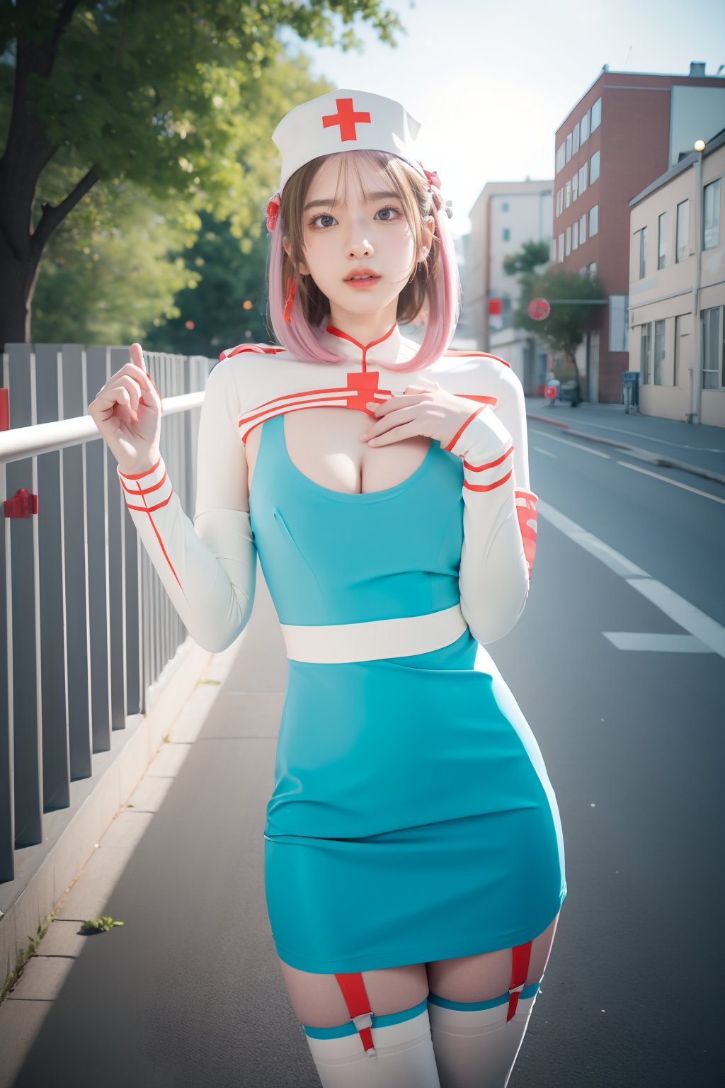 <lora:GoodHands-手beta2:1>,solo,1girl,outdoors,cityscape,standing,cowboy shot,<lora:0401 Cling To Latex_v1:1>,ruanyi0401,nurse cap,short dress,blue dress,garter straps,white thighhighs,cleavage cutout,capelet,dress,, best quality,masterpiece,highres,official art,extremely detailed cg unity 8k wallpaper