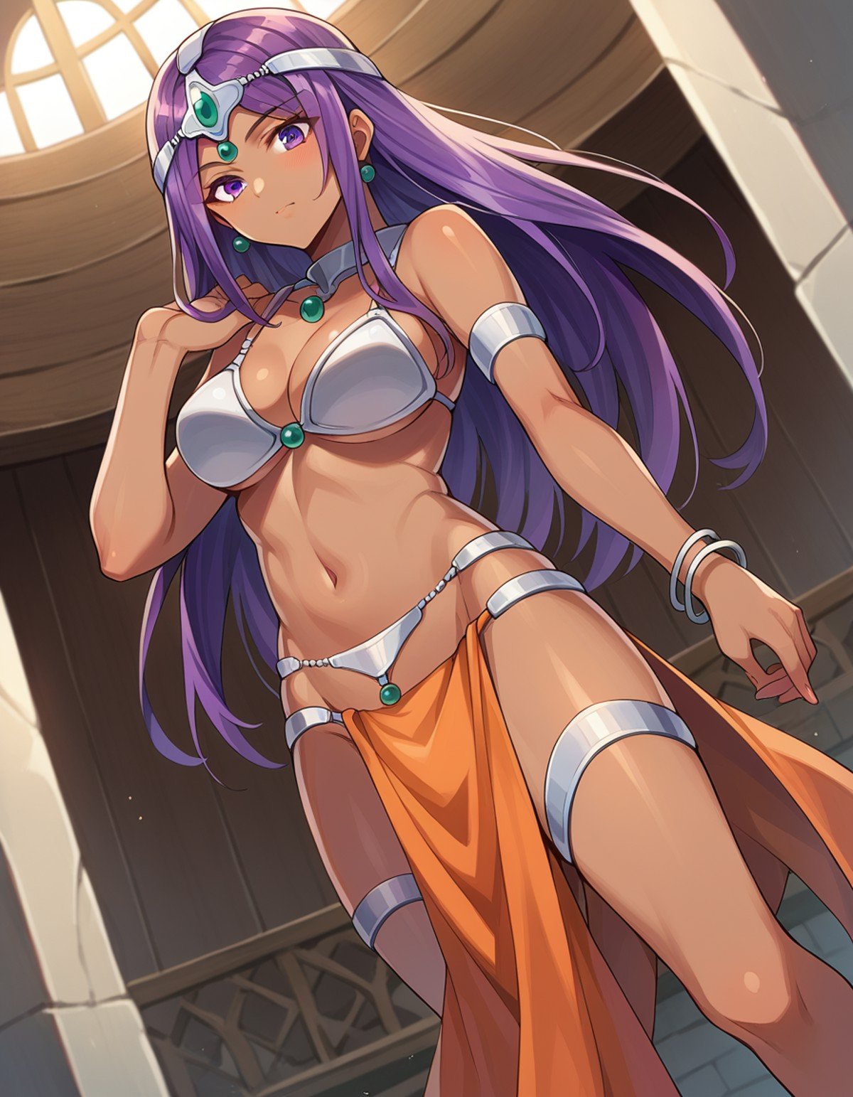 score_9, score_8_up, score_7_up, source_anime,dqmanya, <lora:dq-manya-ponyxl-lora-nochekaiser:1>,manya, dark skin, dark-skinned female, long hair, purple eyes, purple hair,bikini, bikini top only, bracelet, circlet, jewelry, loincloth, pelvic curtain, sandals, swimsuit,indoors,looking at viewer, dutch angle, cowboy shot,