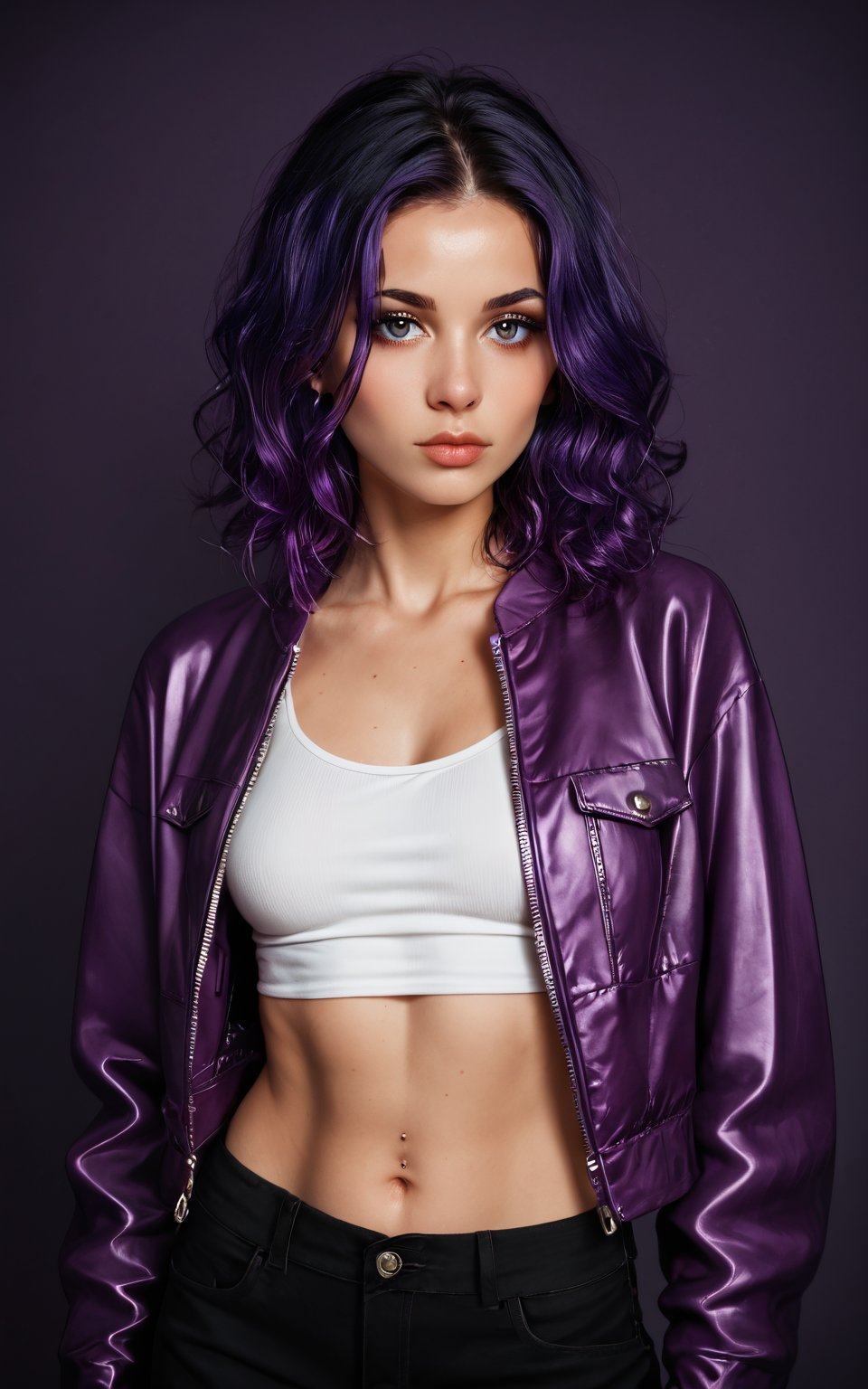 score_9,score_8_up,score_7_up, 1girl with purple hair and black hair wearing a white top and purple jacket standing in front of a purple background<lora:realistic_pony_v1_fp32:0.8>