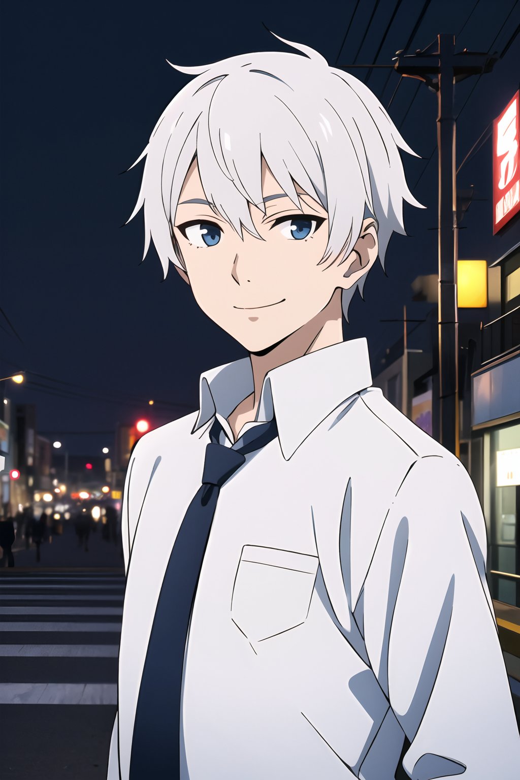 1boy,night,Tokyo,the streets,snow,lights,upper body,looking at viewer,smile,white hair,school uniform,