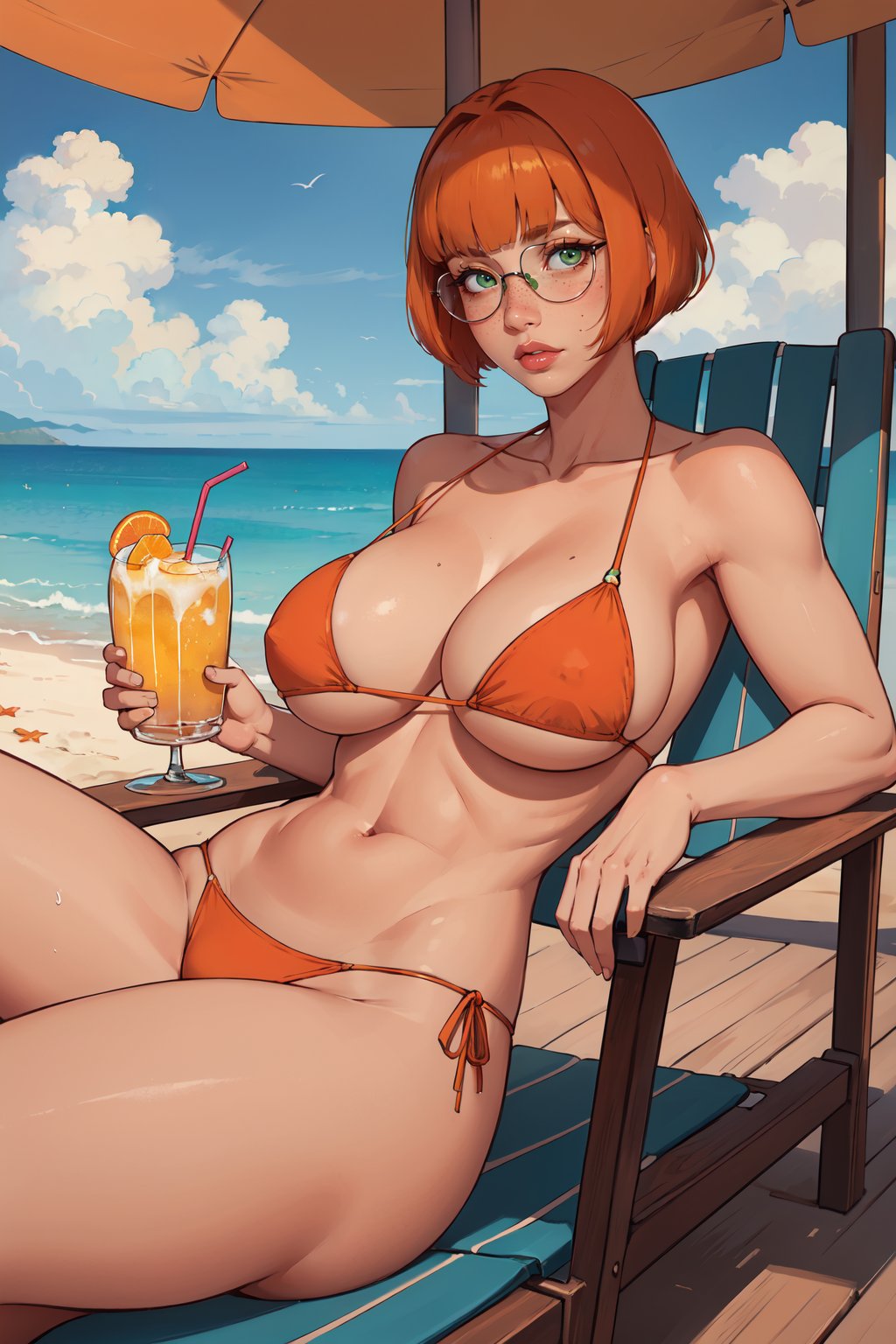 (masterpiece,best quality,absurdres,beautiful,aesthetic,detailed),cinematic angle,1girl,large breasts,bikini,lounging in deck chair,beach,holding beverage,glasses,orange hair,bob cut,blunt bangs