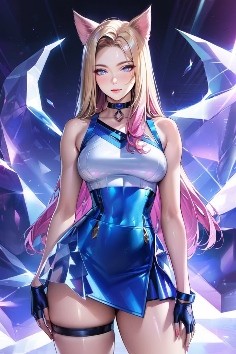 (Masterpiece), mature, HDR,UHD,8K, best quality, Highly detailed, physically-based rendering, extreme detail description, perfect skin, shiny skin, shiny hair,perfect face, 1girl, AllOut, ((asymmetrical_clothing)), blonde hair, blue eyes, pink hair, long sleeve, glove, fingerless glove, thighstrap, multicolored hair, mini skirt, thighs, facial mark, animal ears, tail, crytal, choker,Ahri, blue skirt, white top, K/DA Ahri, bare_shoulder, bare arm, ,LeagueOfLegendsAhri, long hair,ahri<lora:EMS-335737-EMS:0.600000>, <lora:EMS-388761-EMS:0.100000>, <lora:EMS-418641-EMS:0.800000>