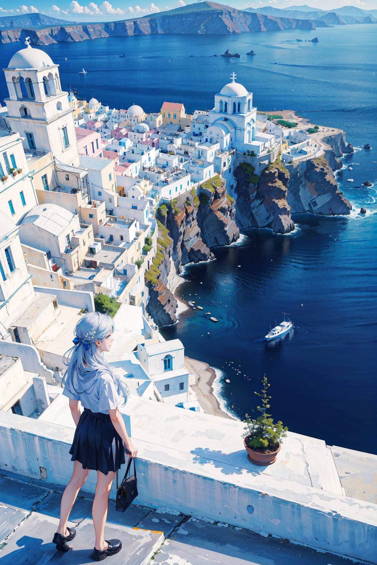 ((best quality, masterpiece, absurbres, super-resolution)), Greek, island of Santorini , white buildings and blue-topped roofs, 1 girl, Wide Angle Scenery