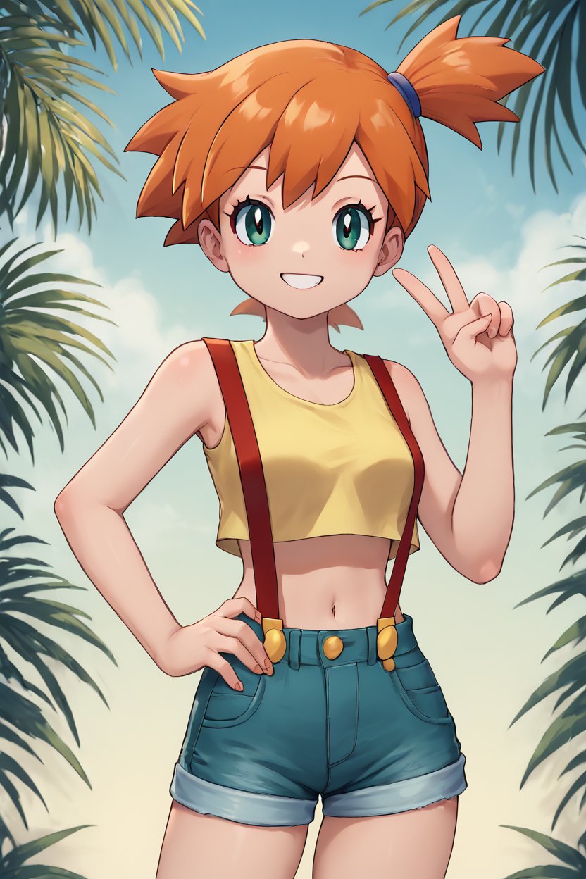 high resolution, highly detailed, perfect lighting, beautiful detailed eyes,   ((masterpiece,best quality)), absurdres, solo,     , <lora:LunarCAT_Style:0.8>,  v, Misty (Pokemon), yellow crop top, suspenders, side ponytail, orange hair, denim shorts, solo, smiling, looking at viewer, cowboy shot, contrapposto, hand on hip, tropical background,