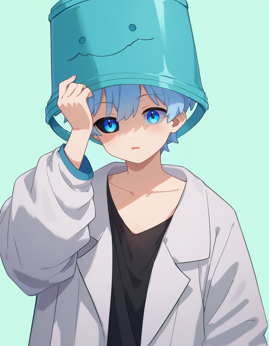 <lora:Nanao:1>,zPDXL2,nanao,1boy,solo,(mismatched sclera:1.2),colored sclera,(black sclera:0.5),oversized clothes,bucket on head,hand on headwear,lab coat,